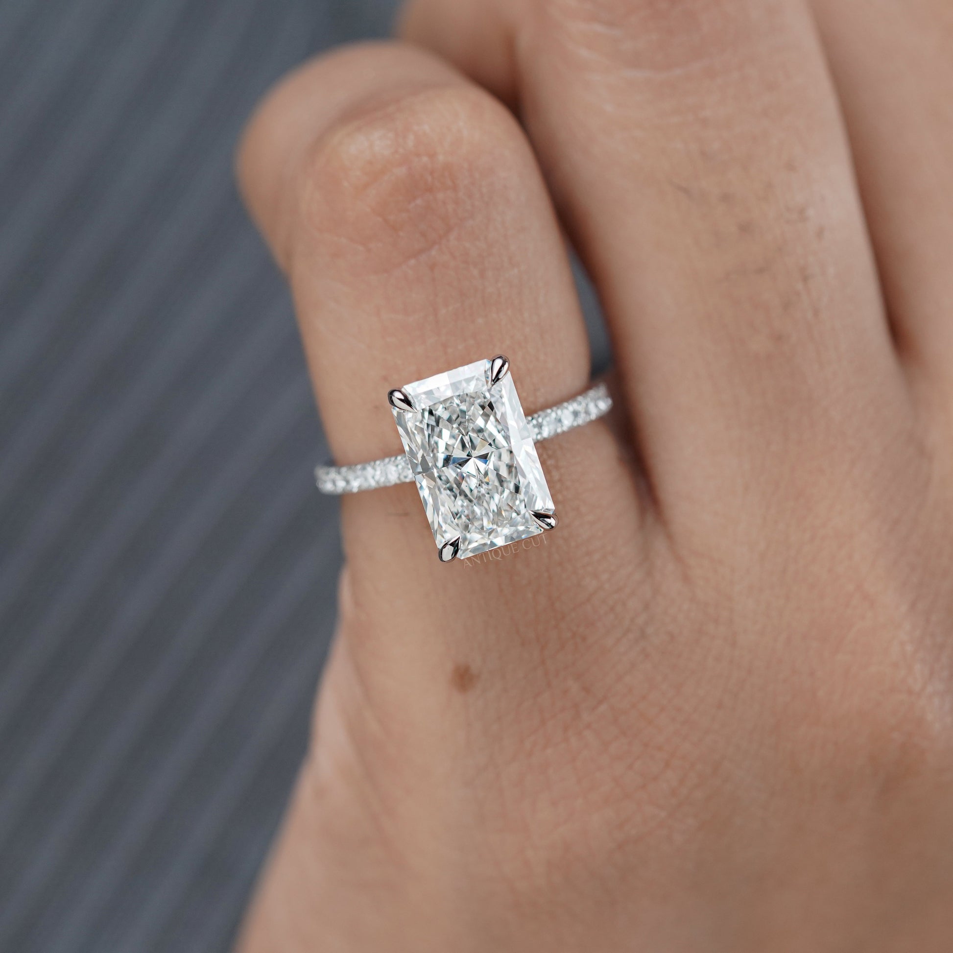 5.00ct Radiant Cut Diamond Engagement Ring | Hidden Halo with 0.70ct Side Stones | 14K Gold Solitaire Pave Band | Luxury Bridal Ring