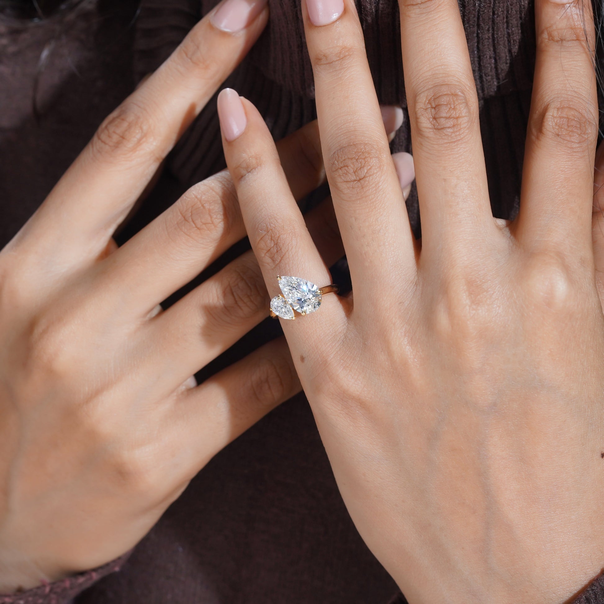 Pear Duo 4.00tcw Lab Diamond Ring | IGI Certified | Contemporary Toi Et Moi in Yellow Gold