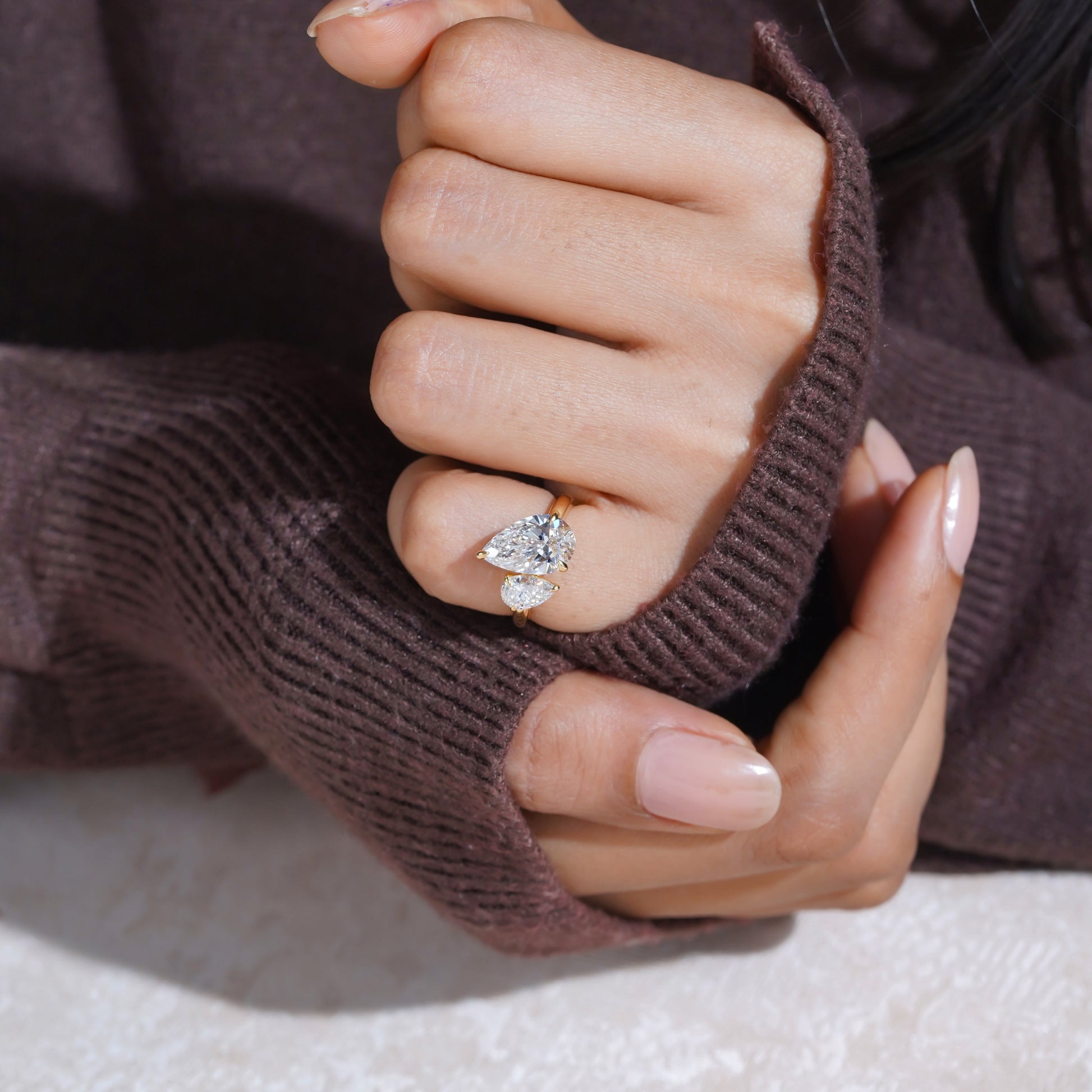 Pear Duo 4.00tcw Lab Diamond Ring | IGI Certified | Contemporary Toi Et Moi in Yellow Gold