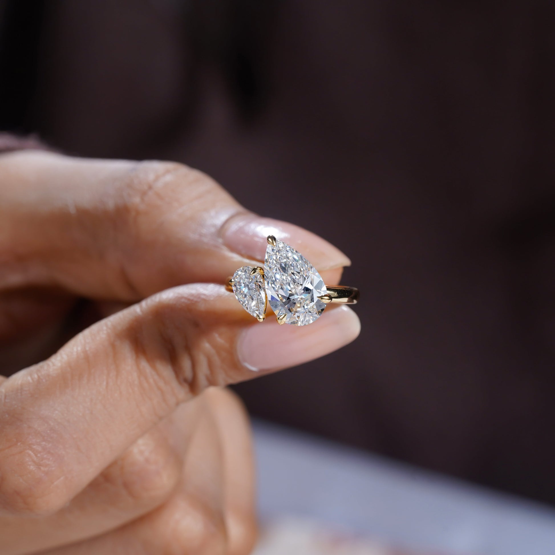 Pear Duo 4.00tcw Lab Diamond Ring | IGI Certified | Contemporary Toi Et Moi in Yellow Gold