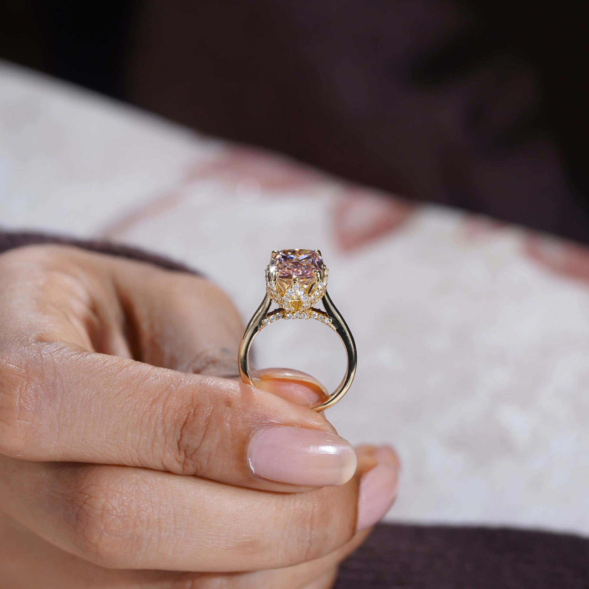 Radiant Fancy Pink 4.40tcw Lab Grown Diamond, Prong Side Stone Engagement Ring, D-E-F Color, VS-VVS Clarity, IGI Certificate