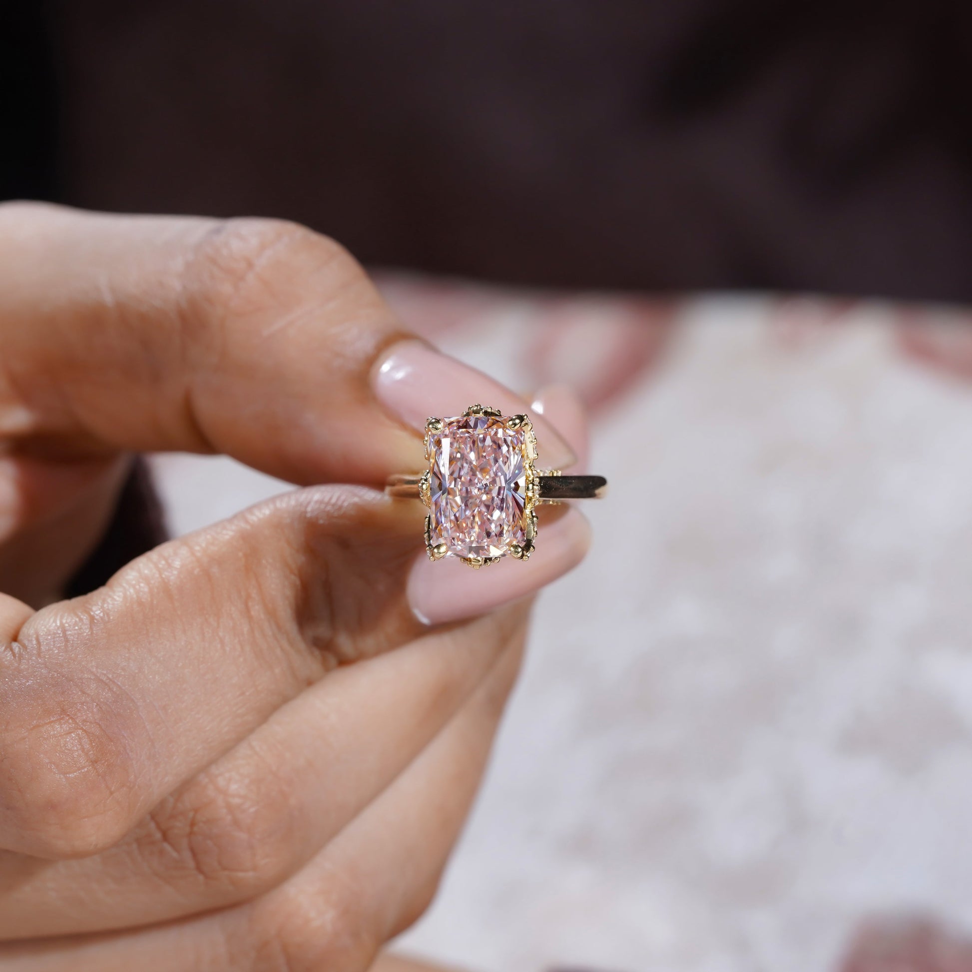 Radiant Fancy Pink 4.40tcw Lab Grown Diamond, Prong Side Stone Engagement Ring, D-E-F Color, VS-VVS Clarity, IGI Certificate