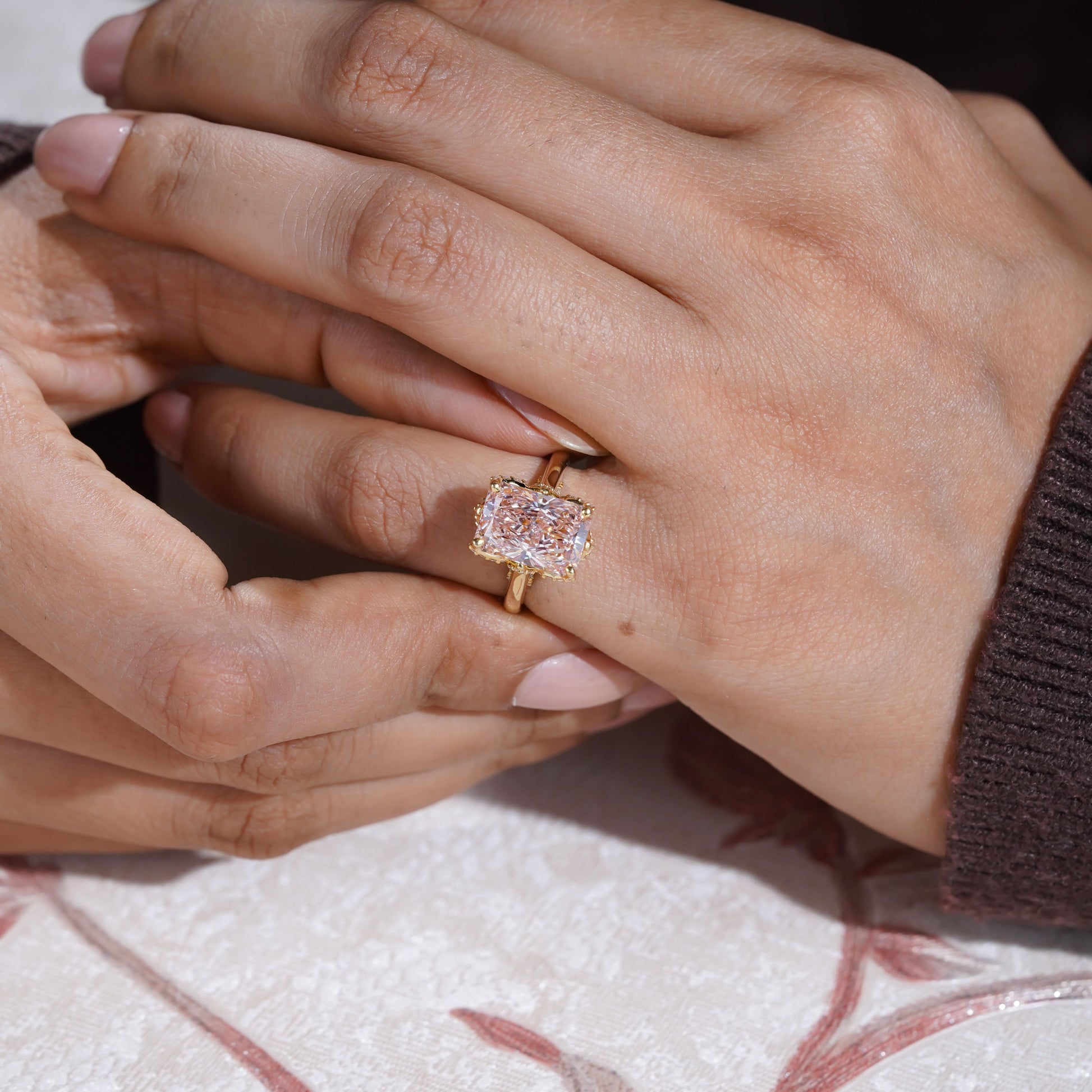 Radiant Fancy Pink 4.40tcw Lab Grown Diamond, Prong Side Stone Engagement Ring, D-E-F Color, VS-VVS Clarity, IGI Certificate