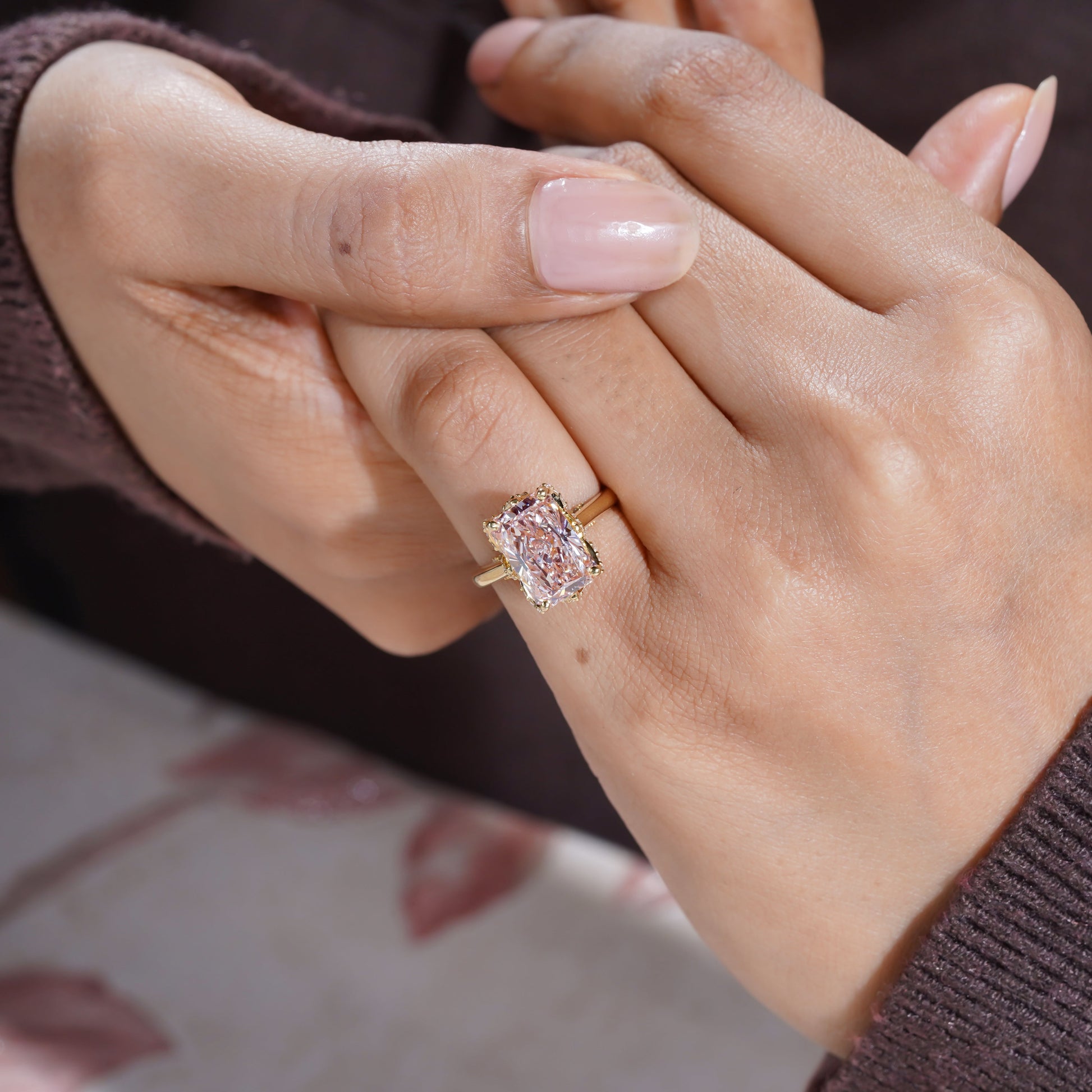 Radiant Fancy Pink 4.40tcw Lab Grown Diamond, Prong Side Stone Engagement Ring, D-E-F Color, VS-VVS Clarity, IGI Certificate