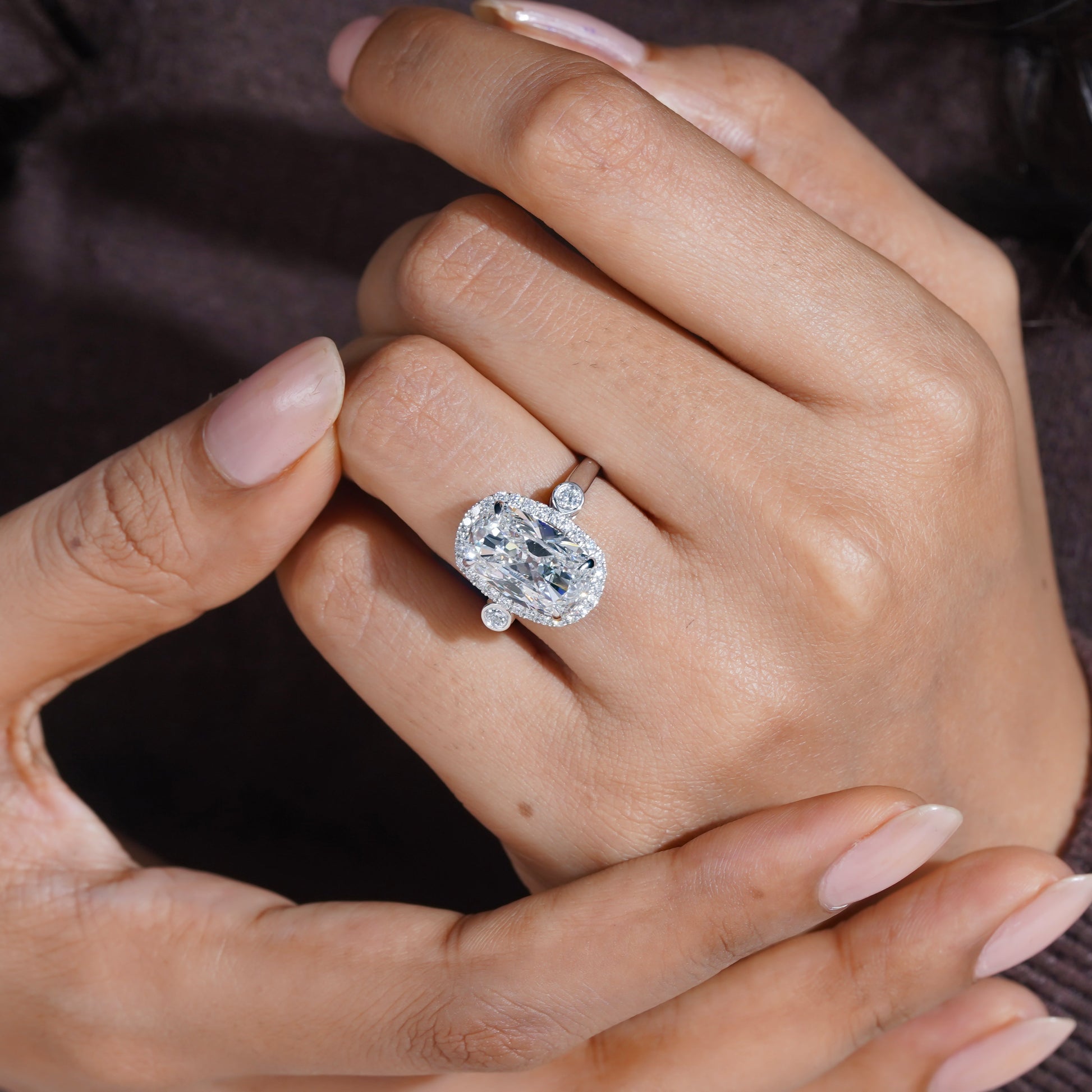 Elongated Cushion 5.40tcw Lab Grown Diamond Halo Engagement Ring | D-E-F Color | VVS–VS Clarity | IGI Certified | Unique Three Stone Ring