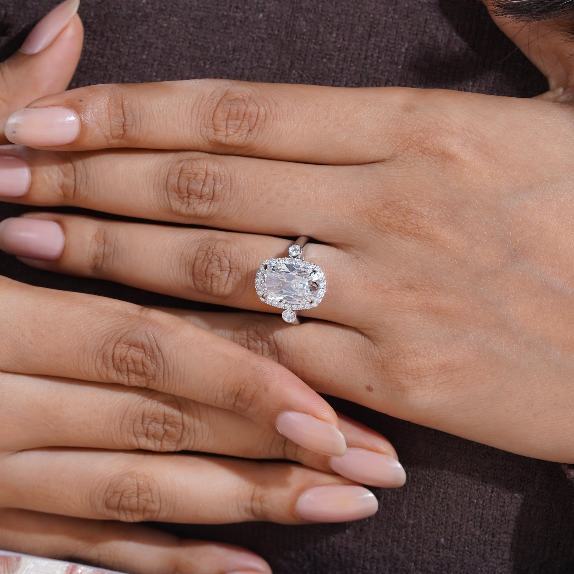 Elongated Cushion 5.40tcw Lab Grown Diamond Halo Engagement Ring | D-E-F Color | VVS–VS Clarity | IGI Certified | Unique Three Stone Ring