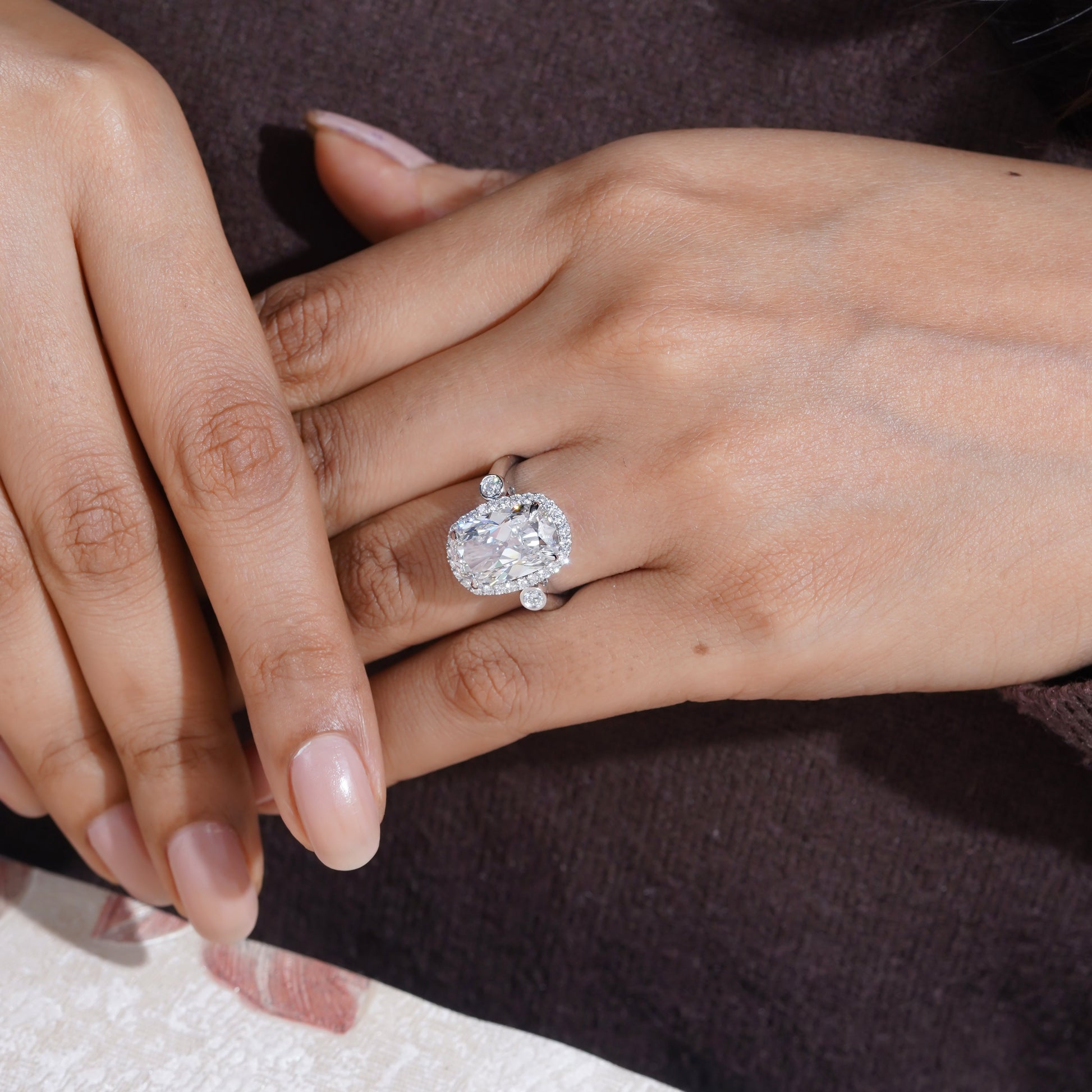 Elongated Cushion 5.40tcw Lab Grown Diamond Halo Engagement Ring | D-E-F Color | VVS–VS Clarity | IGI Certified | Unique Three Stone Ring