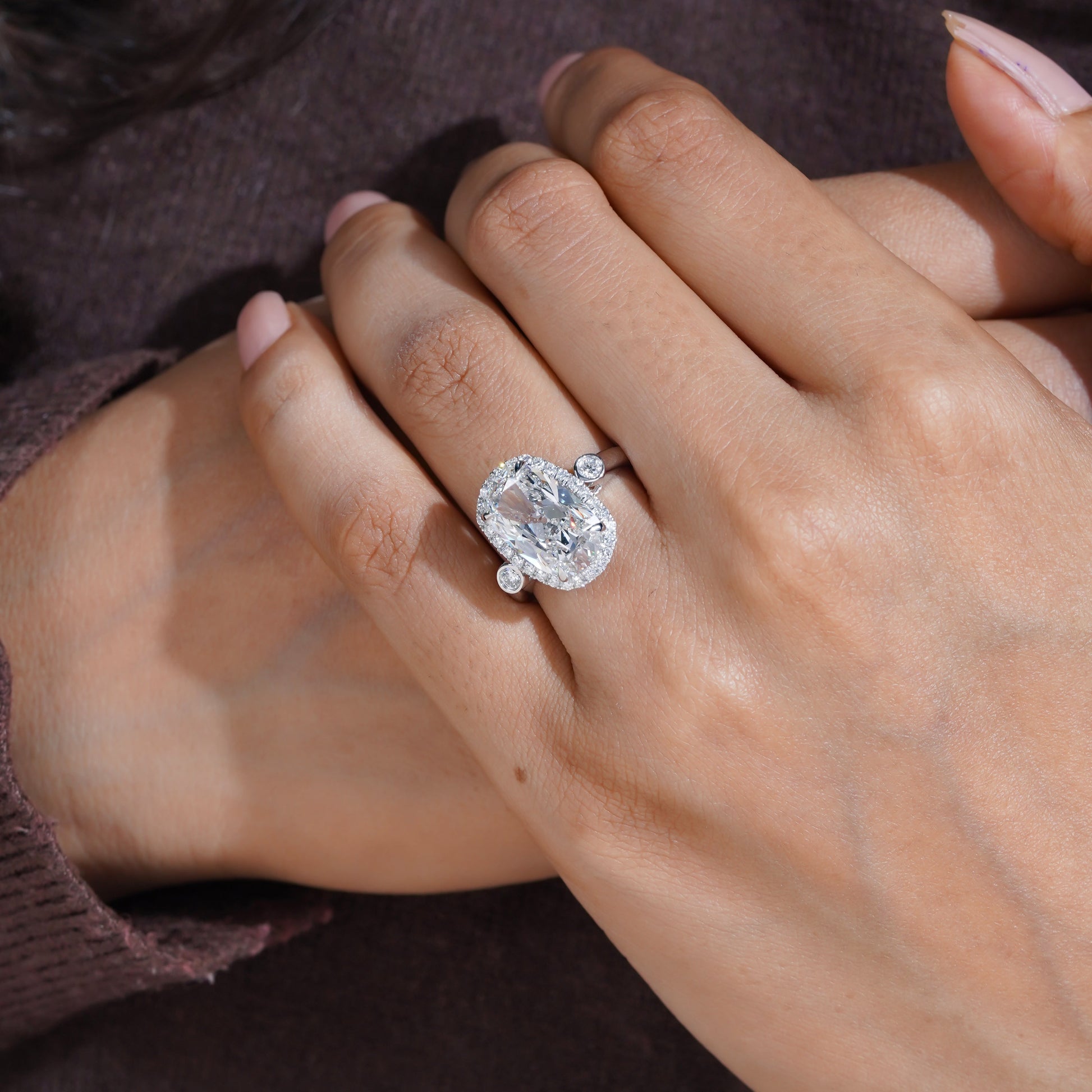 Elongated Cushion 5.40tcw Lab Grown Diamond Halo Engagement Ring | D-E-F Color | VVS–VS Clarity | IGI Certified | Unique Three Stone Ring