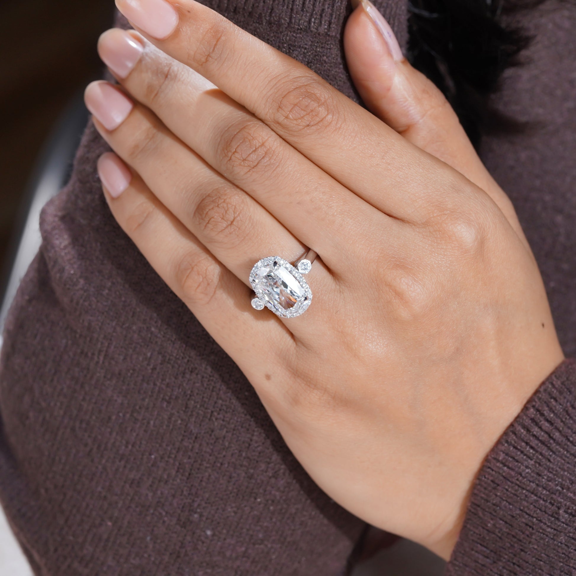 Elongated Cushion 5.40tcw Lab Grown Diamond Halo Engagement Ring | D-E-F Color | VVS–VS Clarity | IGI Certified | Unique Three Stone Ring