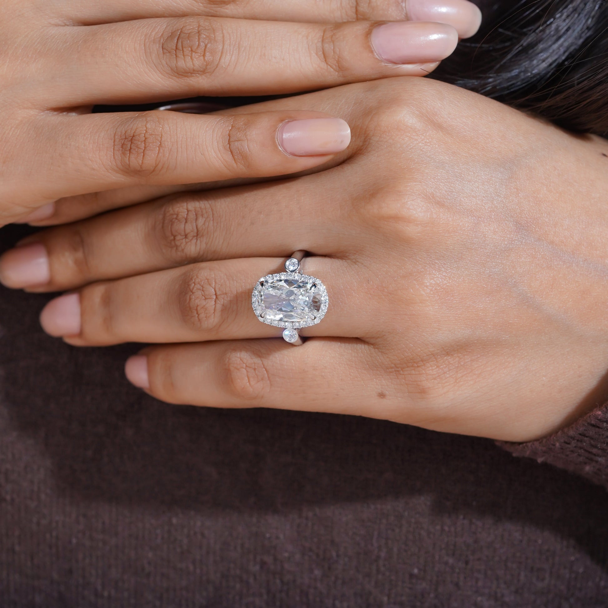 Elongated Cushion 5.40tcw Lab Grown Diamond Halo Engagement Ring | D-E-F Color | VVS–VS Clarity | IGI Certified | Unique Three Stone Ring