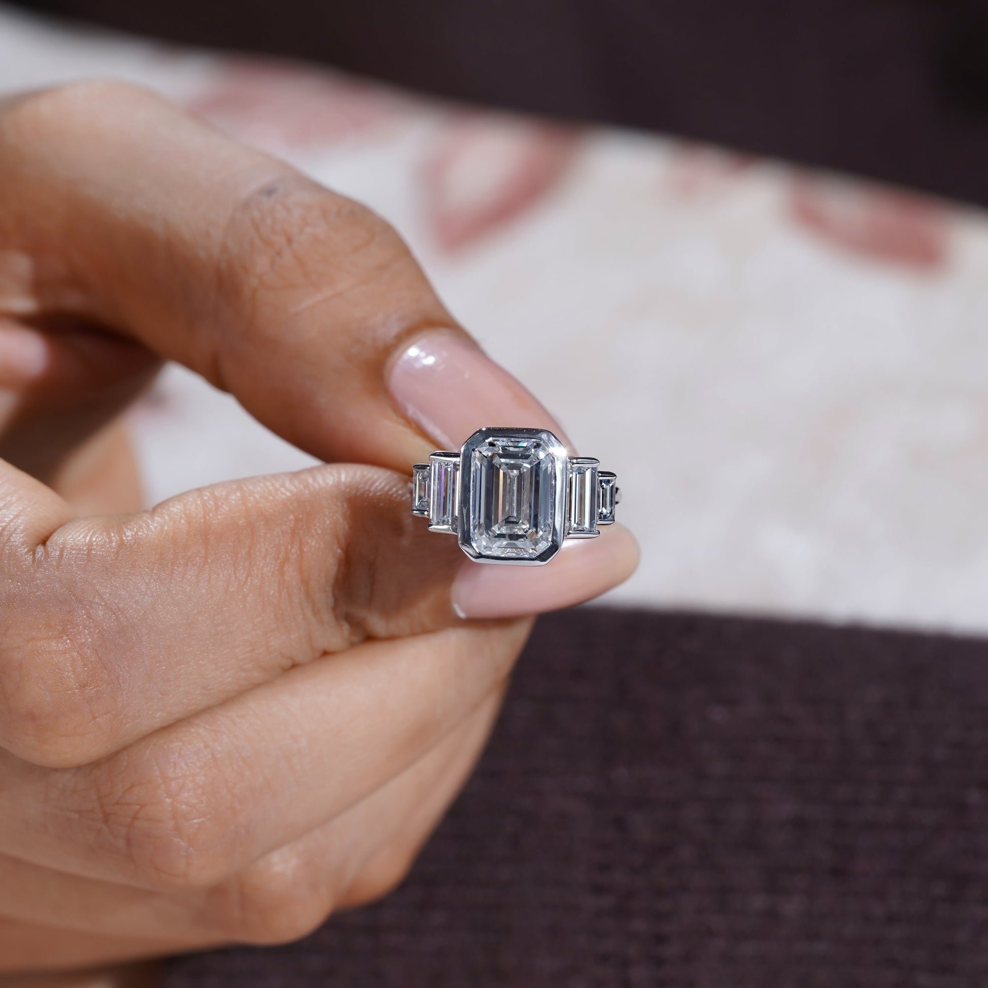 Emerald 4.00tcw Lab Grown Diamond, Bezel Set Three Stone Engagement Ring, D-E-F Color, VVS-VS Clarity, IGI Certificate