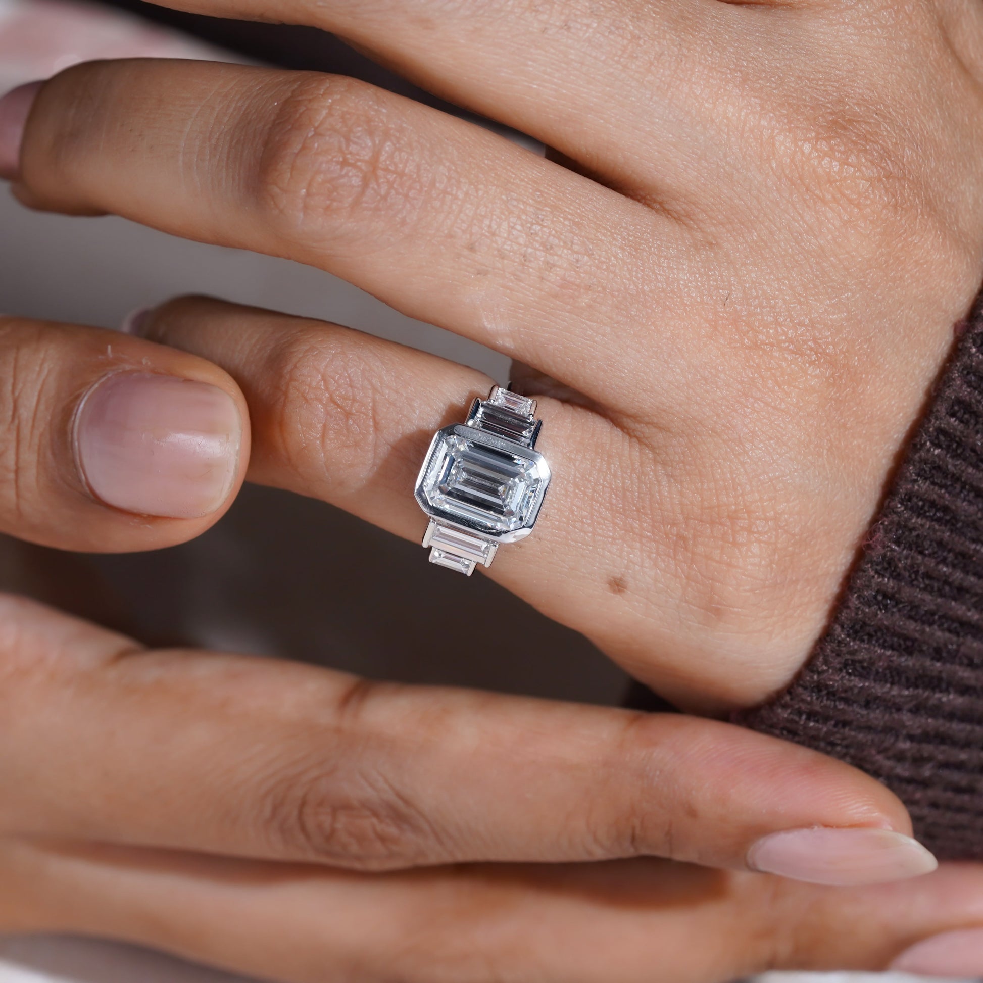 Emerald 4.00tcw Lab Grown Diamond, Bezel Set Three Stone Engagement Ring, D-E-F Color, VVS-VS Clarity, IGI Certificate