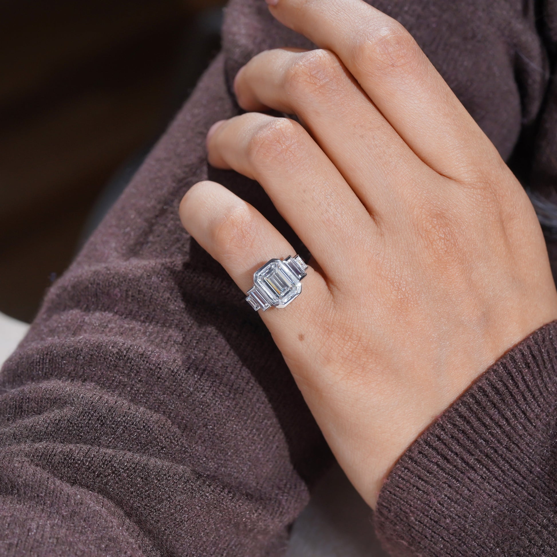 Emerald 4.00tcw Lab Grown Diamond, Bezel Set Three Stone Engagement Ring, D-E-F Color, VVS-VS Clarity, IGI Certificate