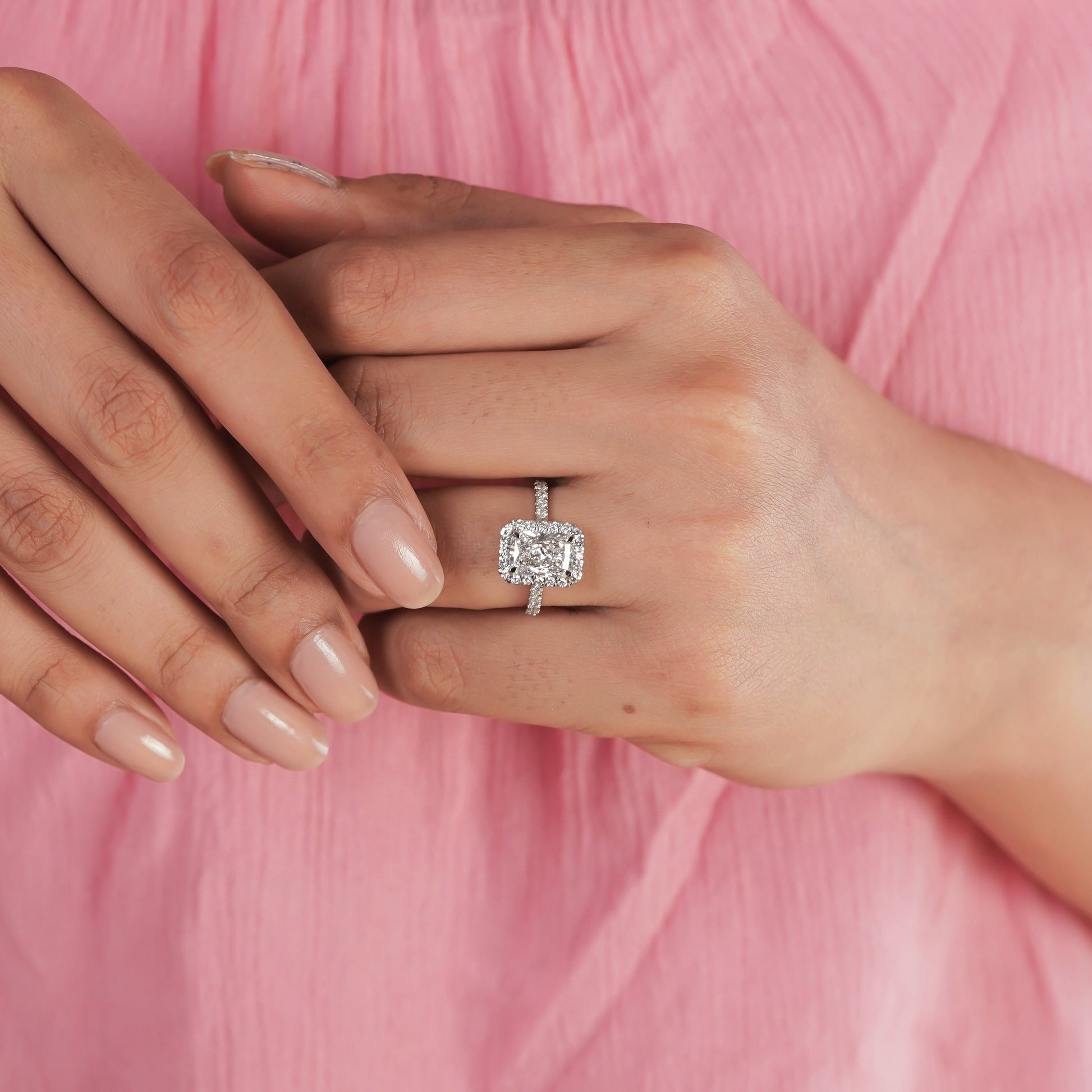 Radiant 2.60tcw Lab Created Diamond Ring | Pavé Halo Cathedral Setting | VVS-VS Clarity | DEF Color | Sustainable Luxury