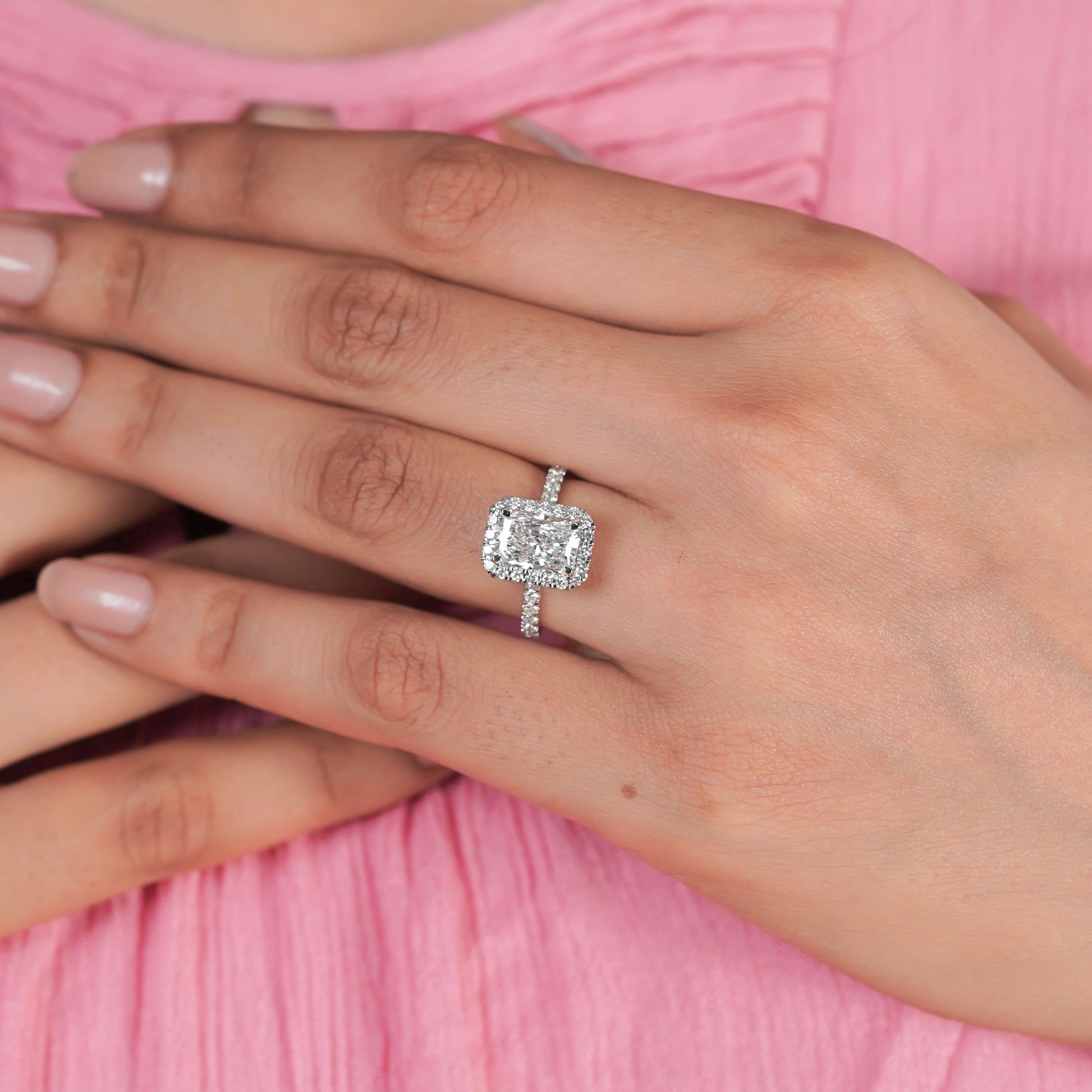 Radiant 2.60tcw Lab Created Diamond Ring | Pavé Halo Cathedral Setting | VVS-VS Clarity | DEF Color | Sustainable Luxury