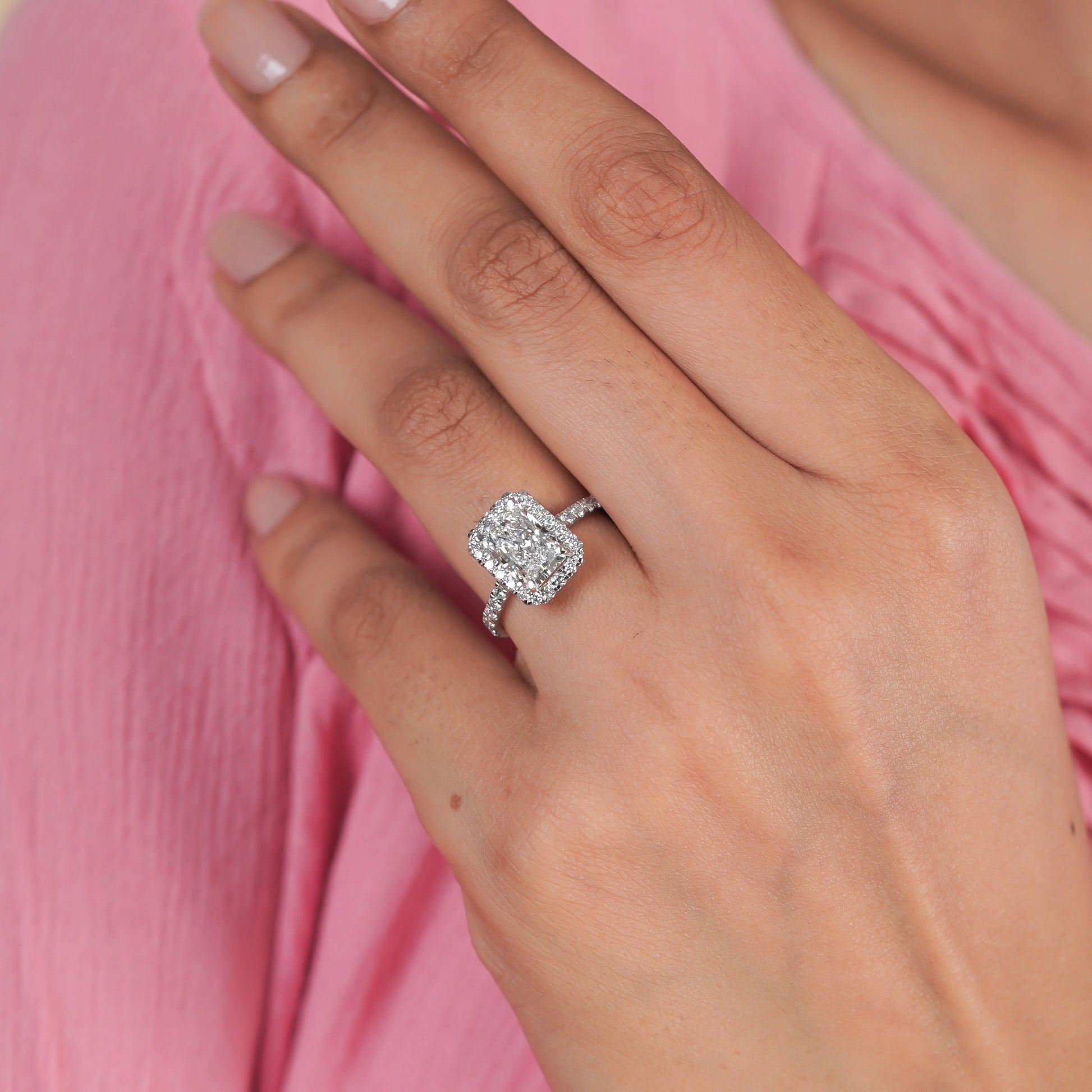 Radiant 2.60tcw Lab Created Diamond Ring | Pavé Halo Cathedral Setting | VVS-VS Clarity | DEF Color | Sustainable Luxury