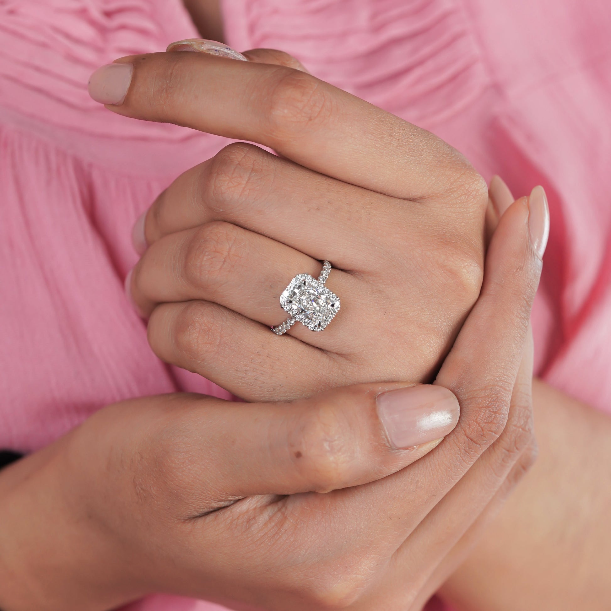 Radiant 2.60tcw Lab Created Diamond Ring | Pavé Halo Cathedral Setting | VVS-VS Clarity | DEF Color | Sustainable Luxury