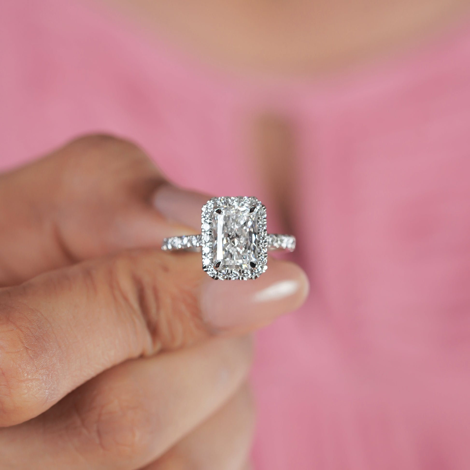 Radiant 2.60tcw Lab Created Diamond Ring | Pavé Halo Cathedral Setting | VVS-VS Clarity | DEF Color | Sustainable Luxury