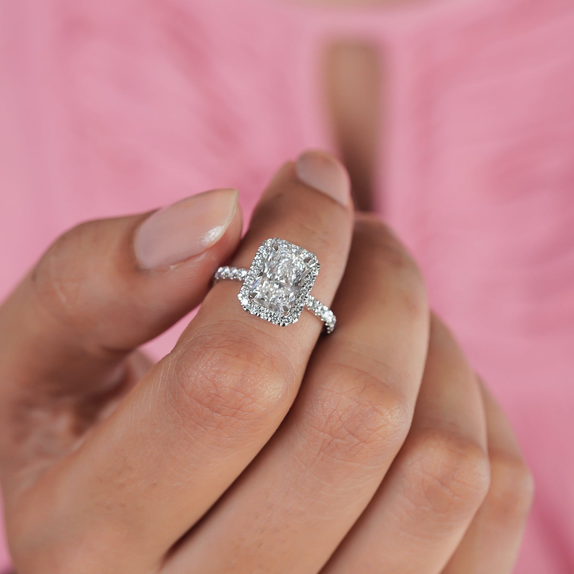 Radiant 2.60tcw Lab Created Diamond Ring | Pavé Halo Cathedral Setting | VVS-VS Clarity | DEF Color | Sustainable Luxury