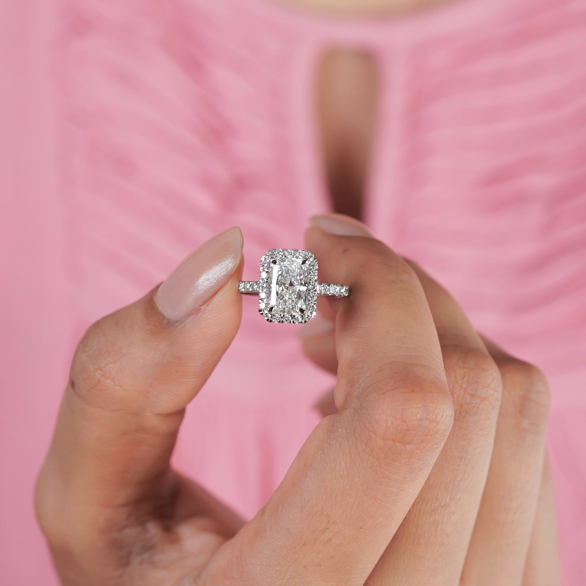 Radiant 2.60tcw Lab Created Diamond Ring | Pavé Halo Cathedral Setting | VVS-VS Clarity | DEF Color | Sustainable Luxury