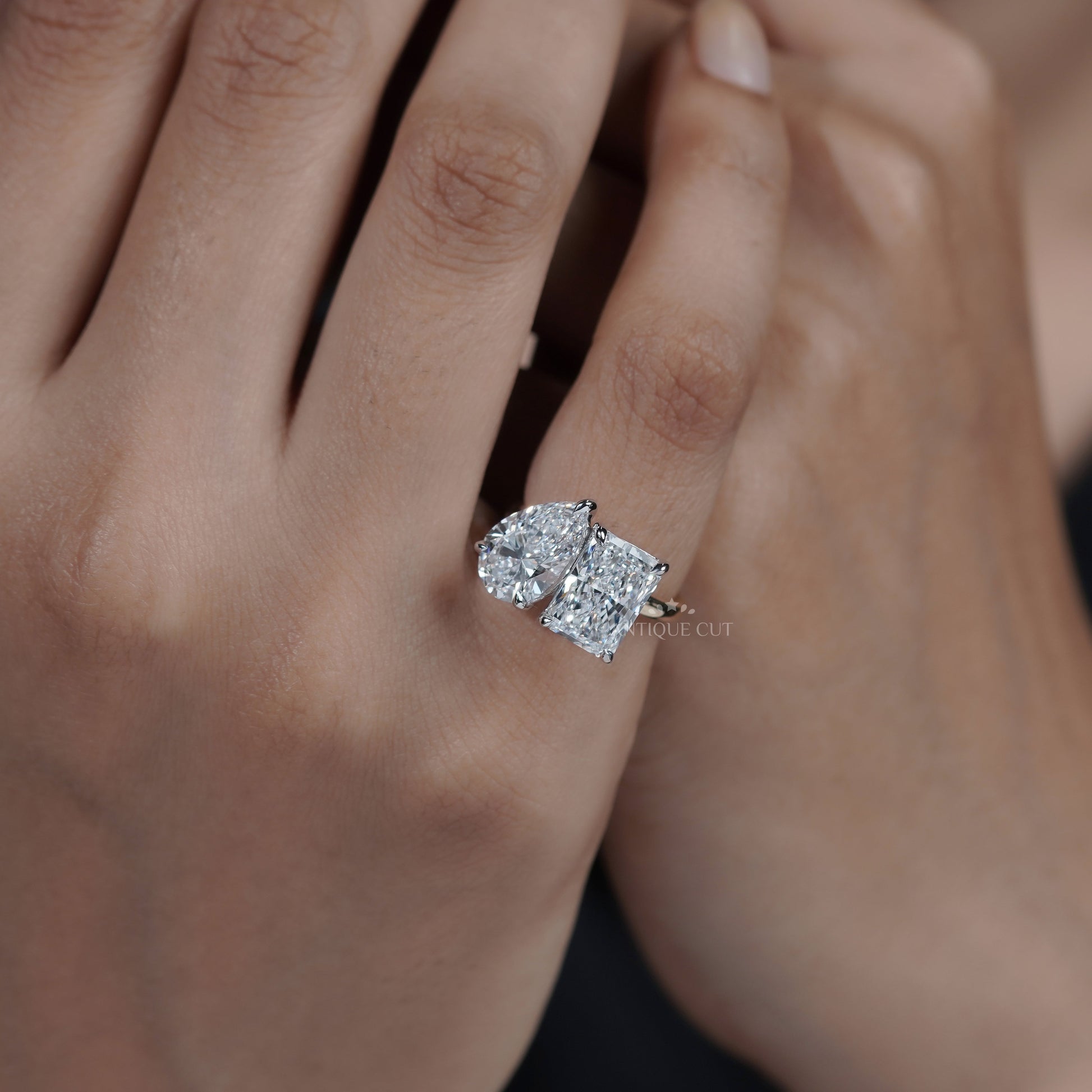 Toi et Moi Engagement Ring 2.60ct Pear & 2.50ct Radiant Two Stone Ring