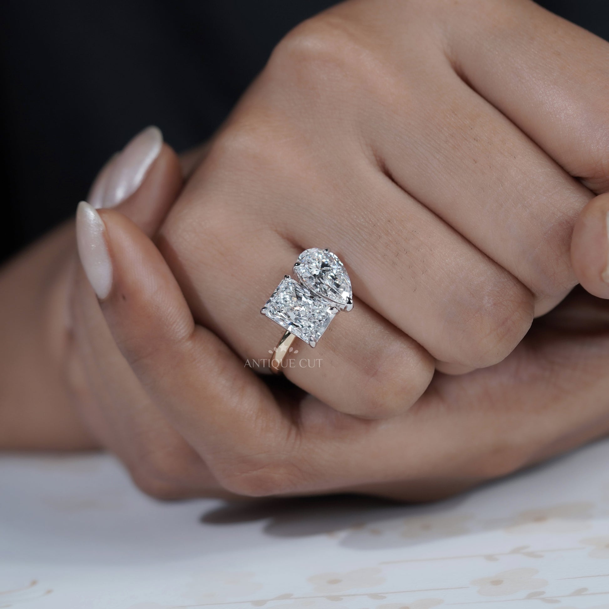 Toi et Moi Engagement Ring 2.60ct Pear & 2.50ct Radiant Two Stone Ring