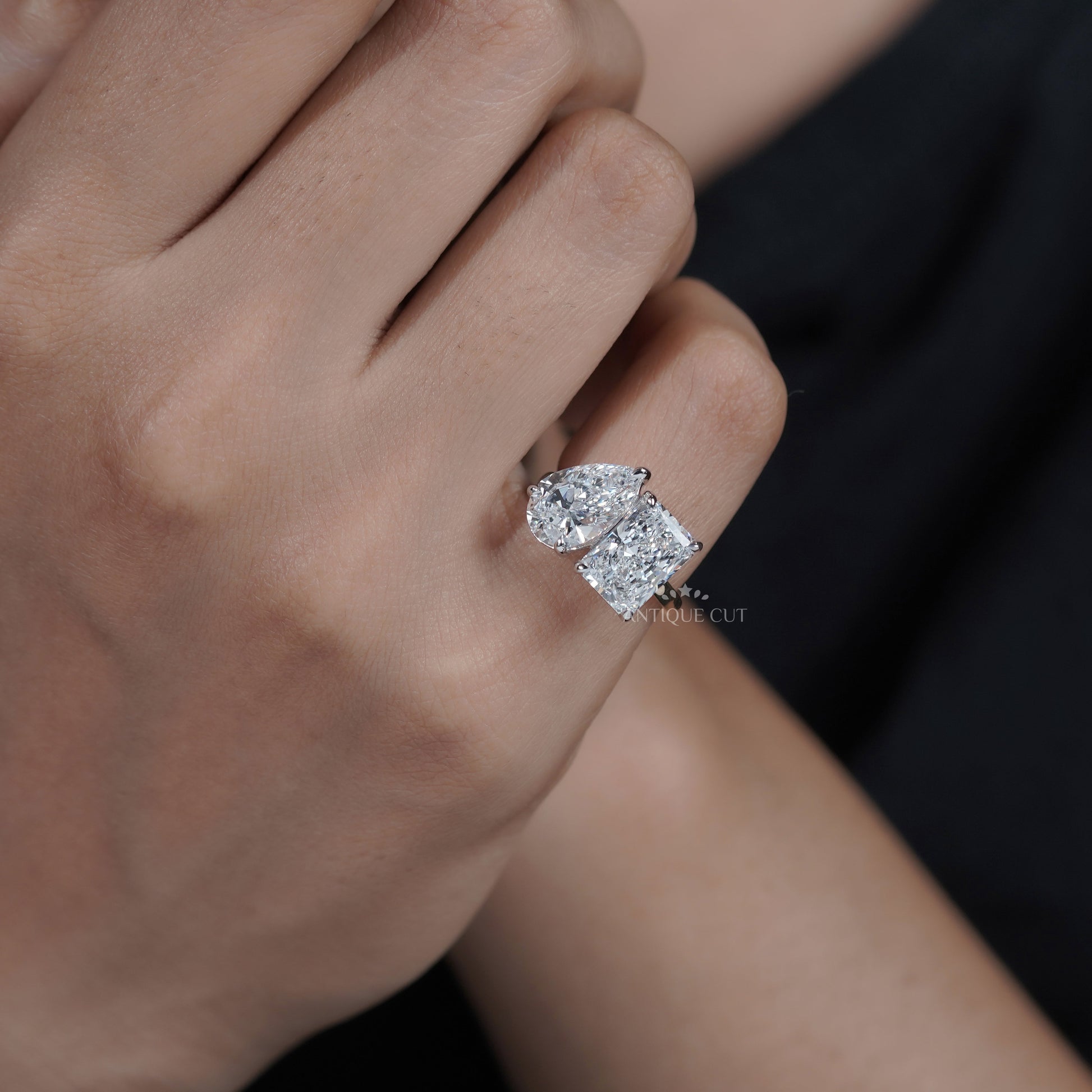 Toi et Moi Engagement Ring 2.60ct Pear & 2.50ct Radiant Two Stone Ring