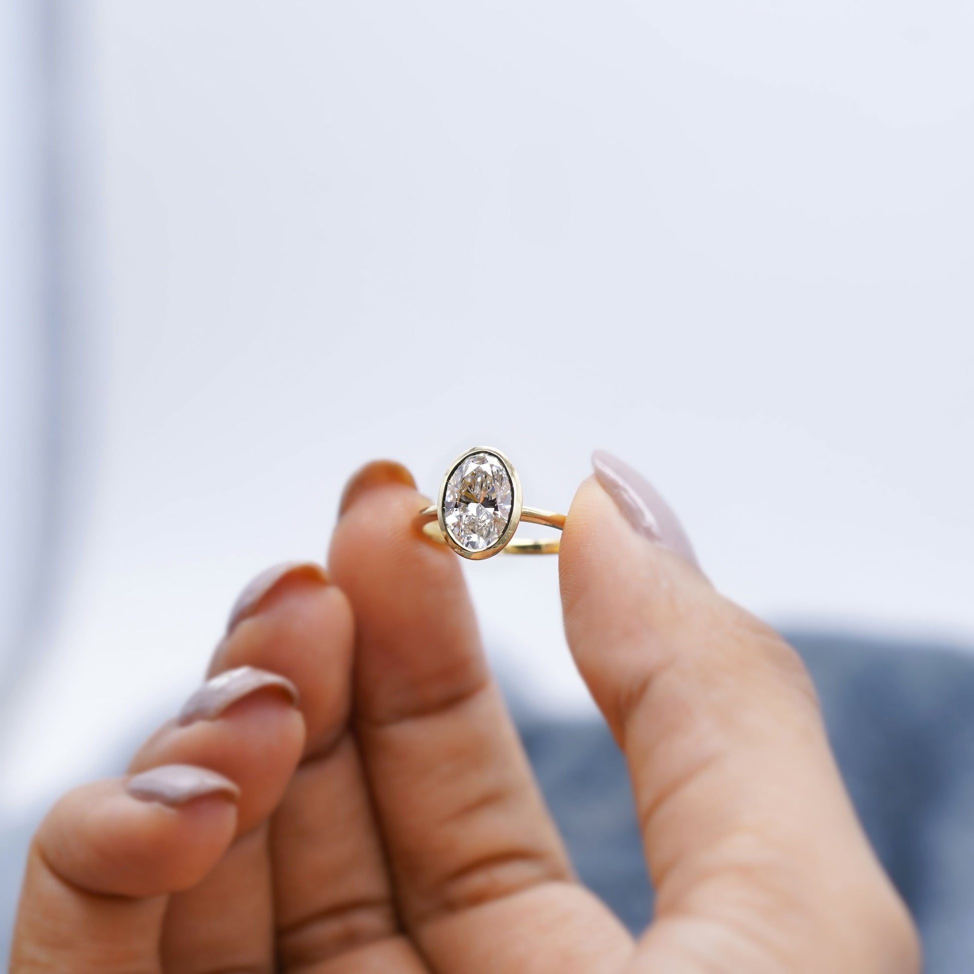 Oval Cut 2.00Carat Lab Diamond Engagement Ring | Bezel Setting in Yellow Gold | D-E-F Color, VVS–VS Clarity