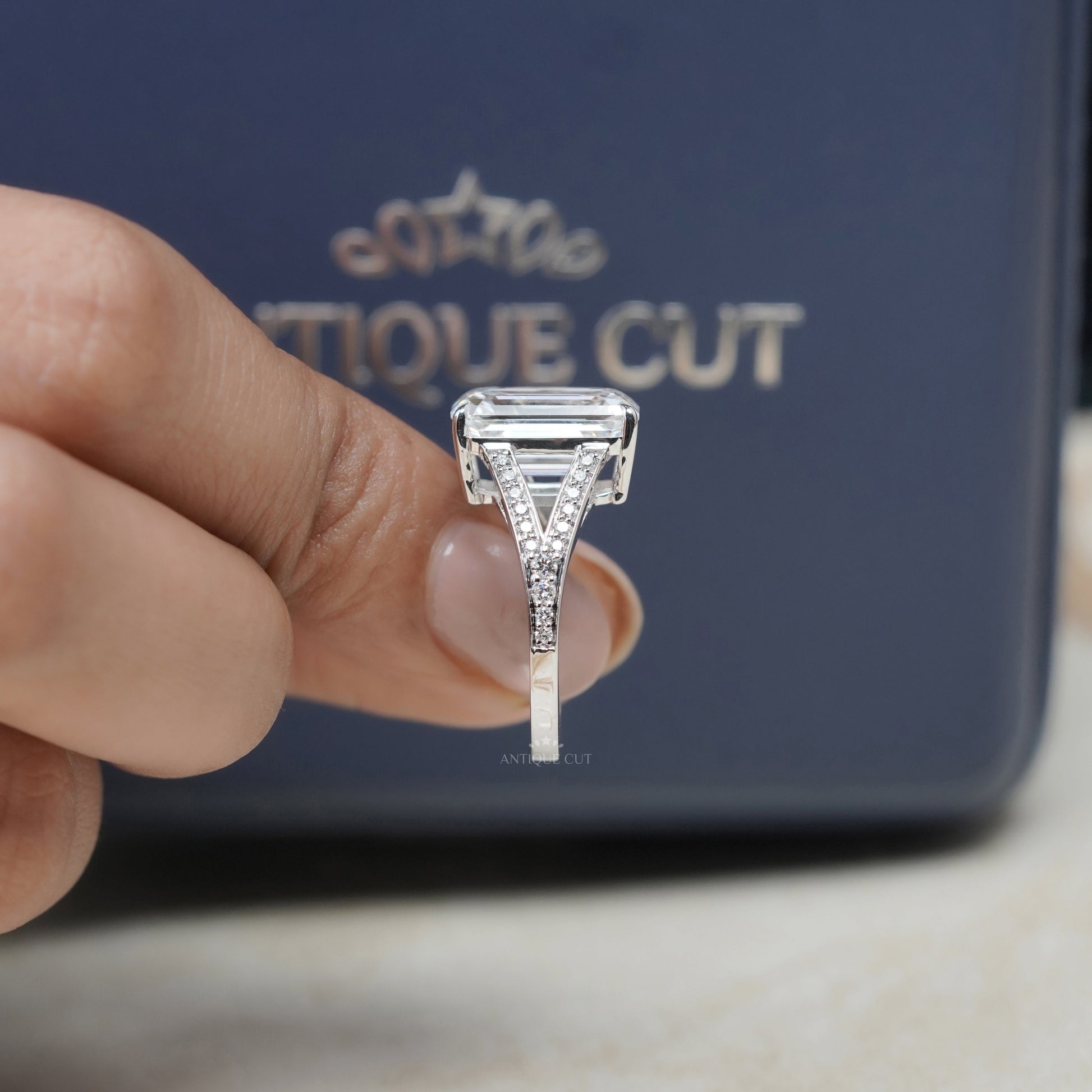 Emerald Cut 7.50tcw Lab Grown Diamond  Pavé Split Shank Engagement Ring | IGI Certified