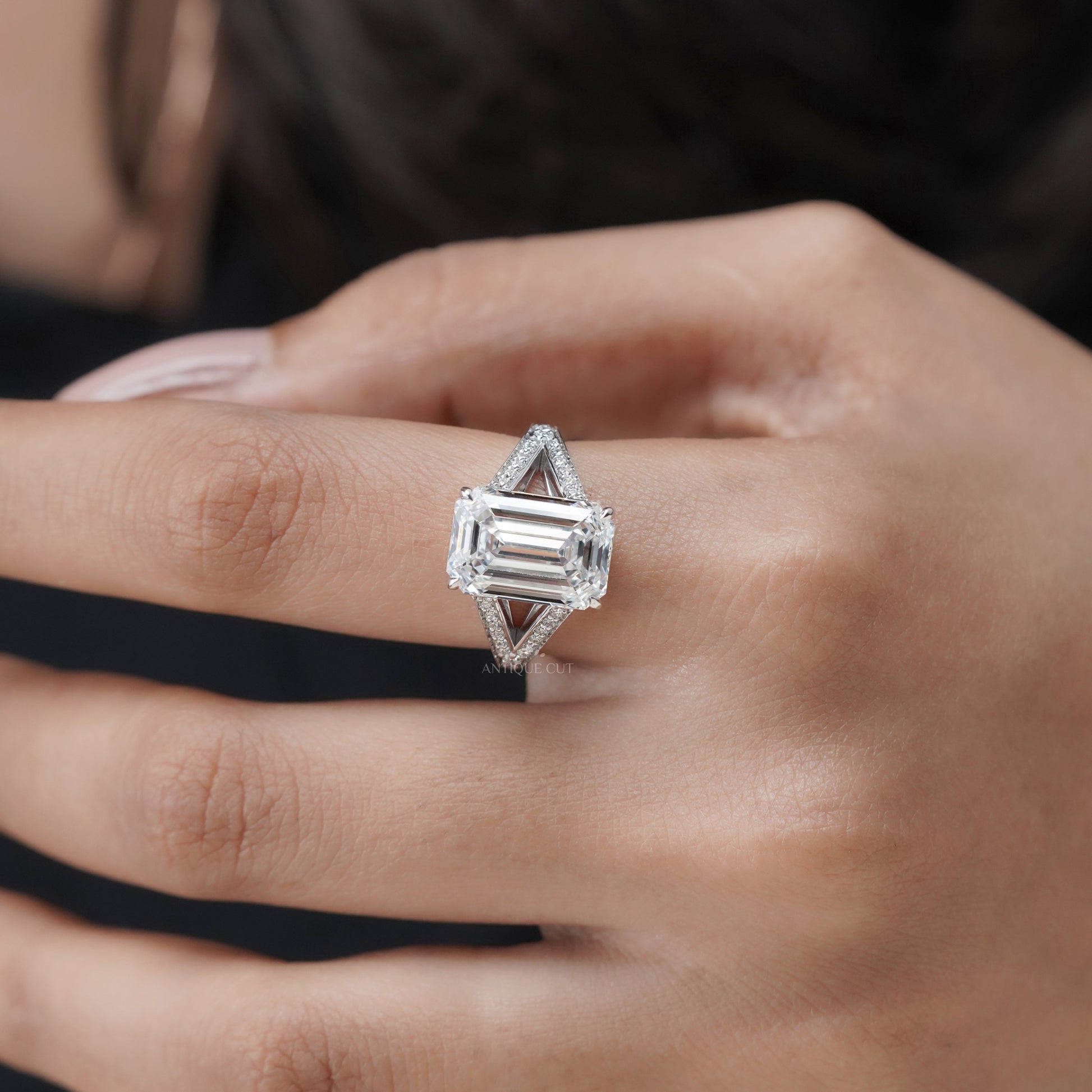 Emerald Cut 7.50tcw Lab Grown Diamond  Pavé Split Shank Engagement Ring | IGI Certified