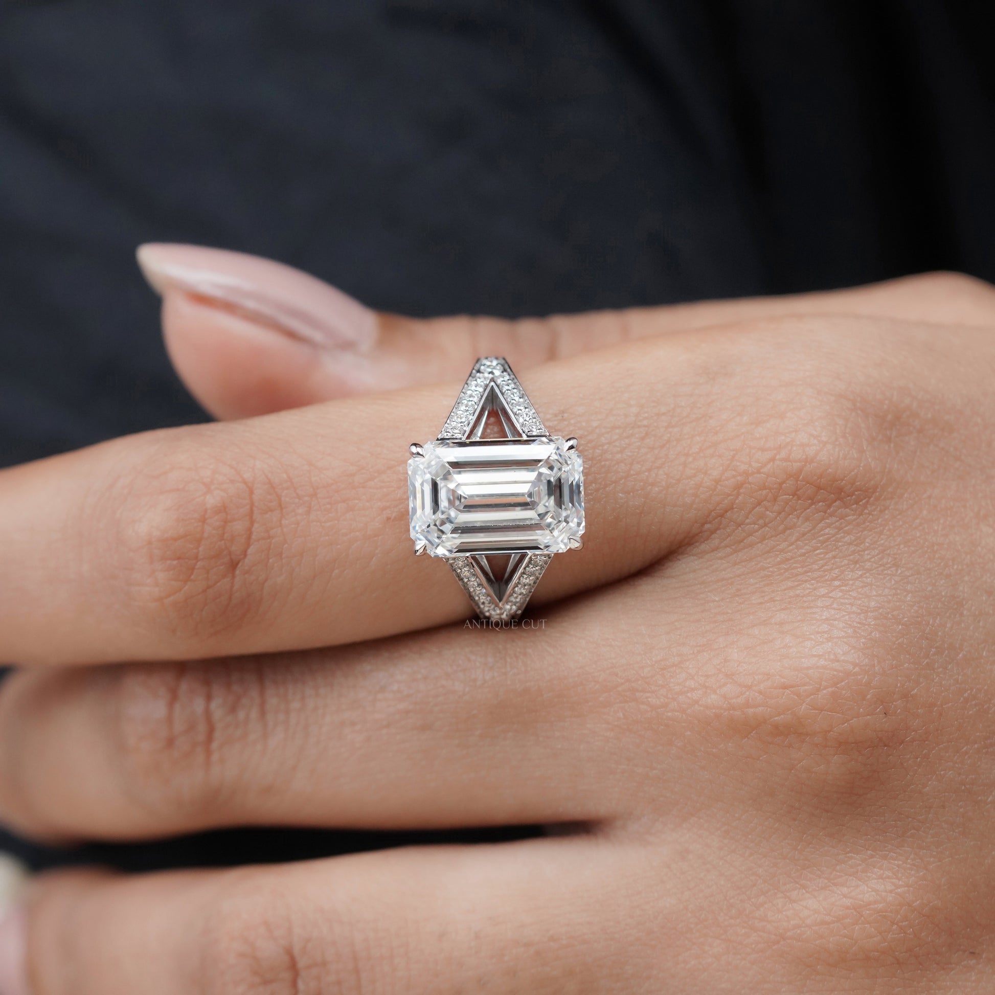 Emerald Cut 7.50tcw Lab Grown Diamond  Pavé Split Shank Engagement Ring | IGI Certified