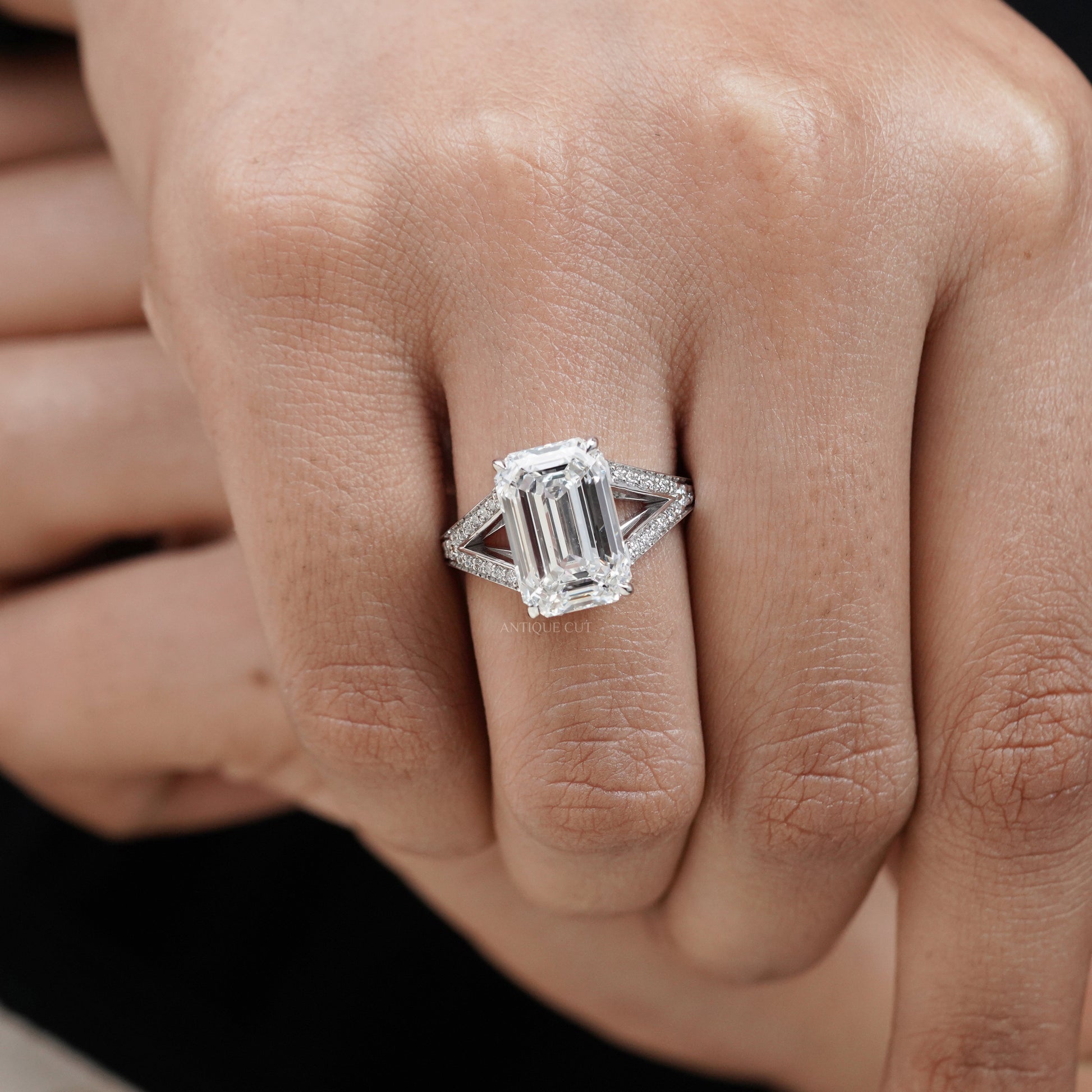 Emerald Cut 7.50tcw Lab Grown Diamond  Pavé Split Shank Engagement Ring | IGI Certified