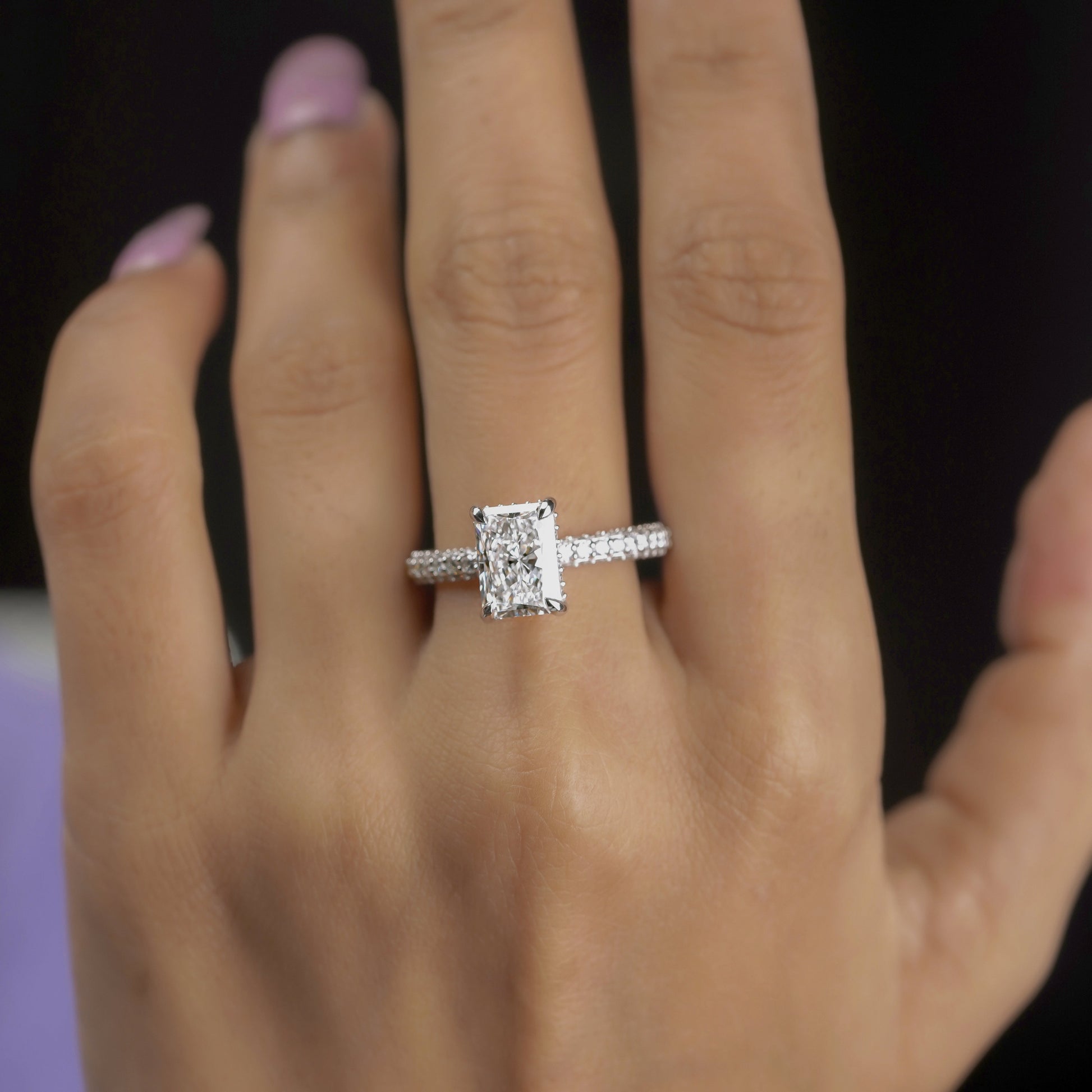 Radiant 3.50tcw Lab Grown Diamond Engagement Ring | Hidden Halo Pave Setting | D-E-F Color | VVS–VS Clarity | IGI Certified