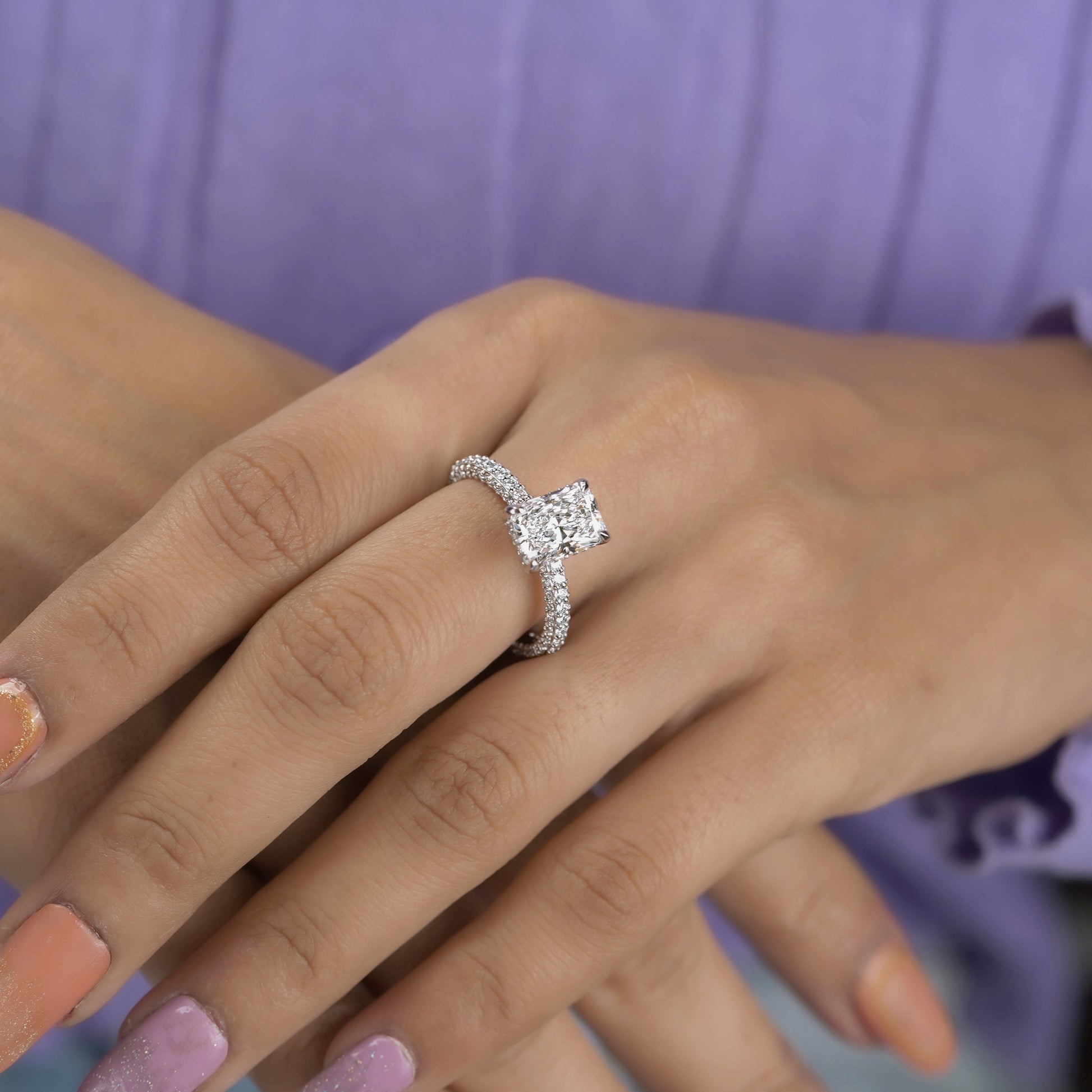 Radiant 3.50tcw Lab Grown Diamond Engagement Ring | Hidden Halo Pave Setting | D-E-F Color | VVS–VS Clarity | IGI Certified