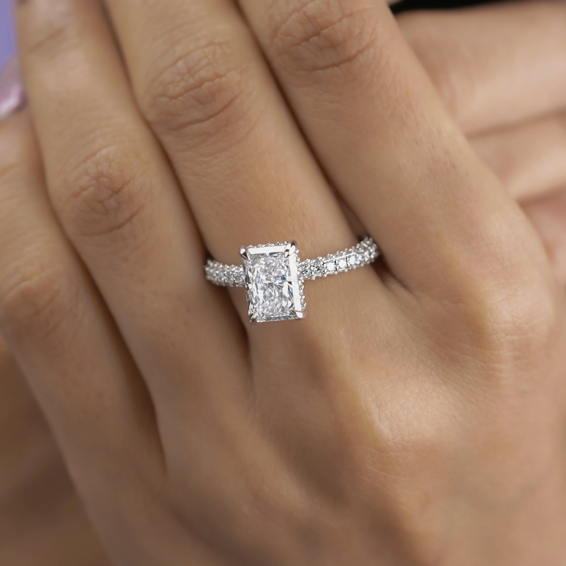 Radiant 3.50tcw Lab Grown Diamond Engagement Ring | Hidden Halo Pave Setting | D-E-F Color | VVS–VS Clarity | IGI Certified