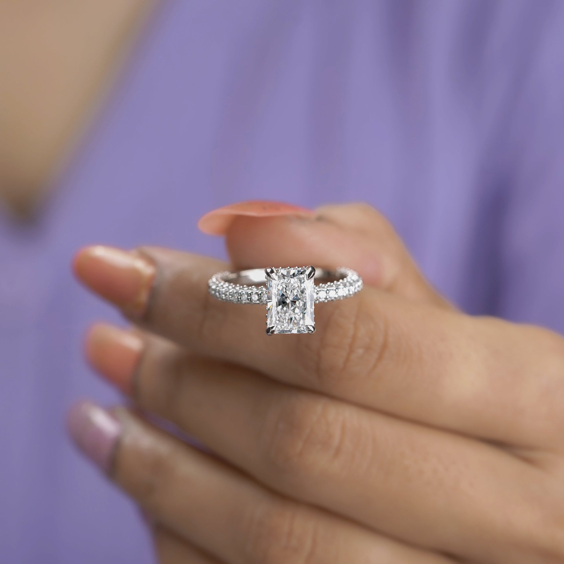 Radiant 3.50tcw Lab Grown Diamond Engagement Ring | Hidden Halo Pave Setting | D-E-F Color | VVS–VS Clarity | IGI Certified