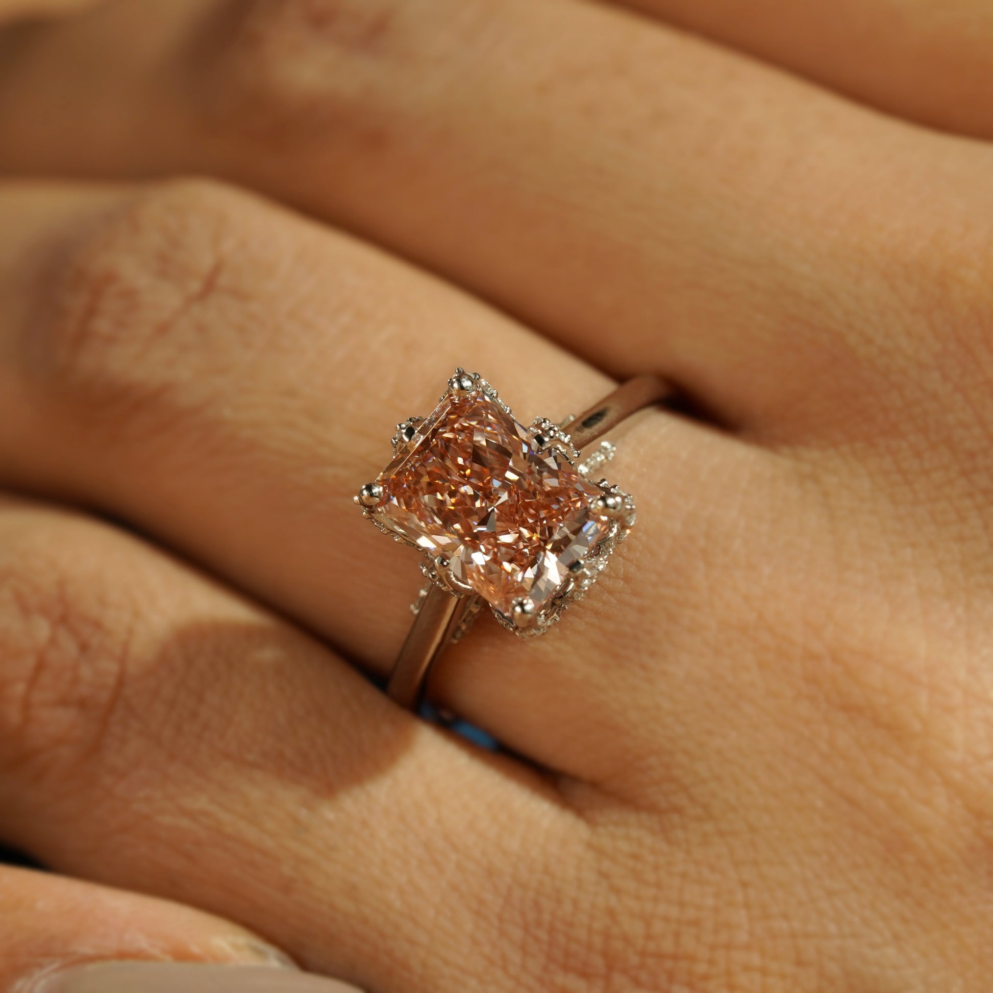 Fancy Pink 3.40ct Radiant Lab Diamond Ring | Cathedral Solitaire Setting | IGI Certified | VVS-VS Clarity | Engagement Jewelry