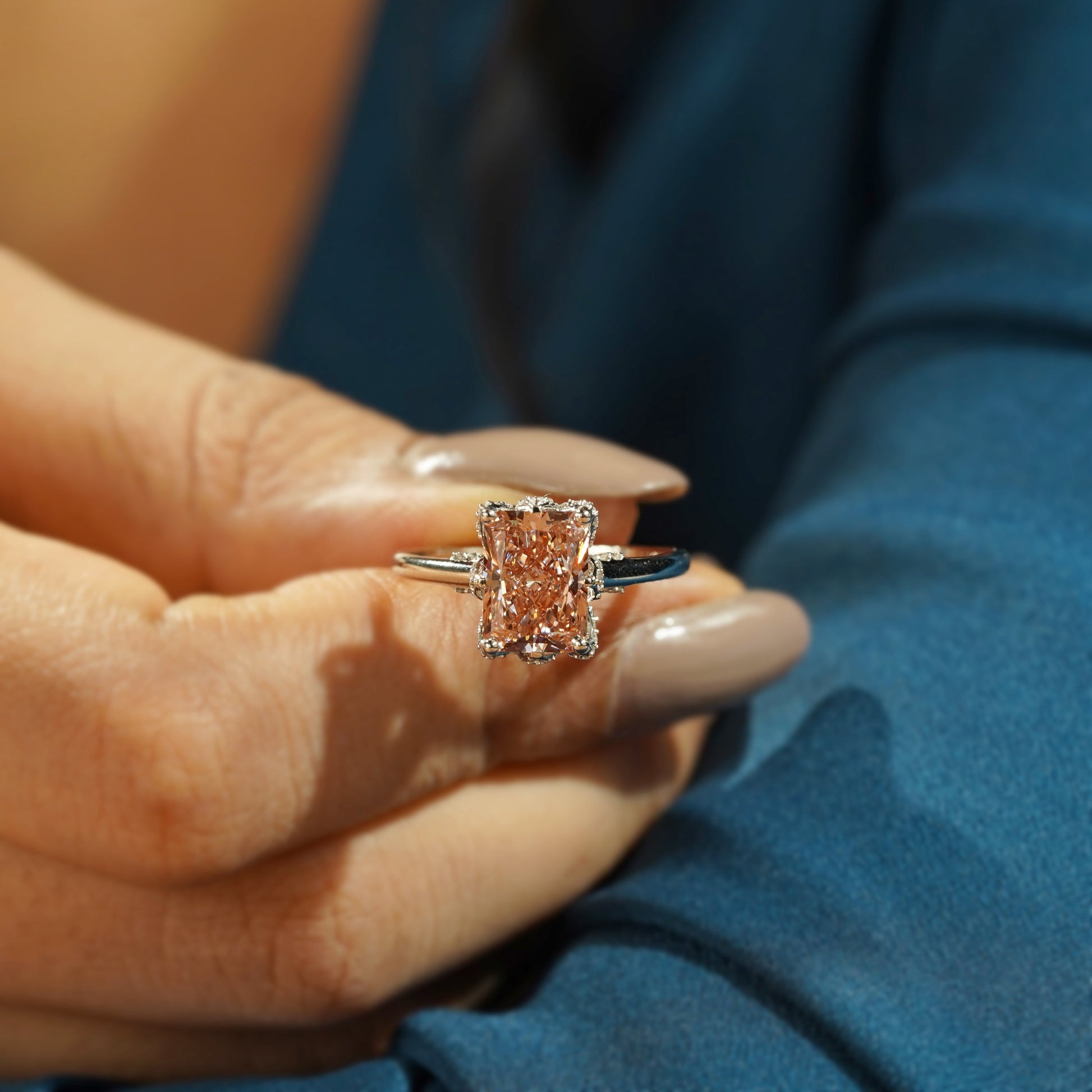 Fancy Pink 3.40ct Radiant Lab Diamond Ring | Cathedral Solitaire Setting | IGI Certified | VVS-VS Clarity | Engagement Jewelry