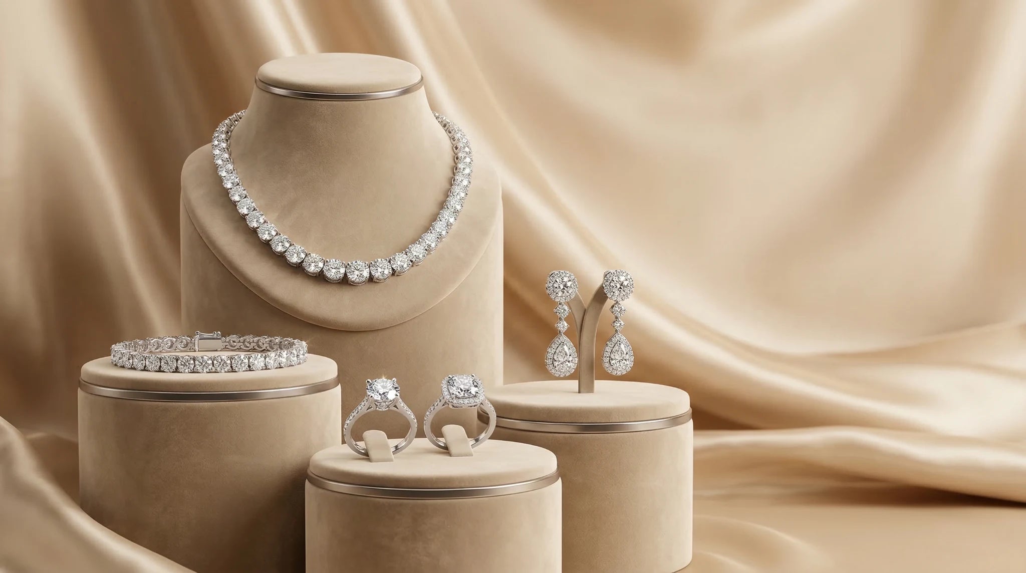 Woman wearing lab grown diamond statement earrings and necklace – Unii Jewels