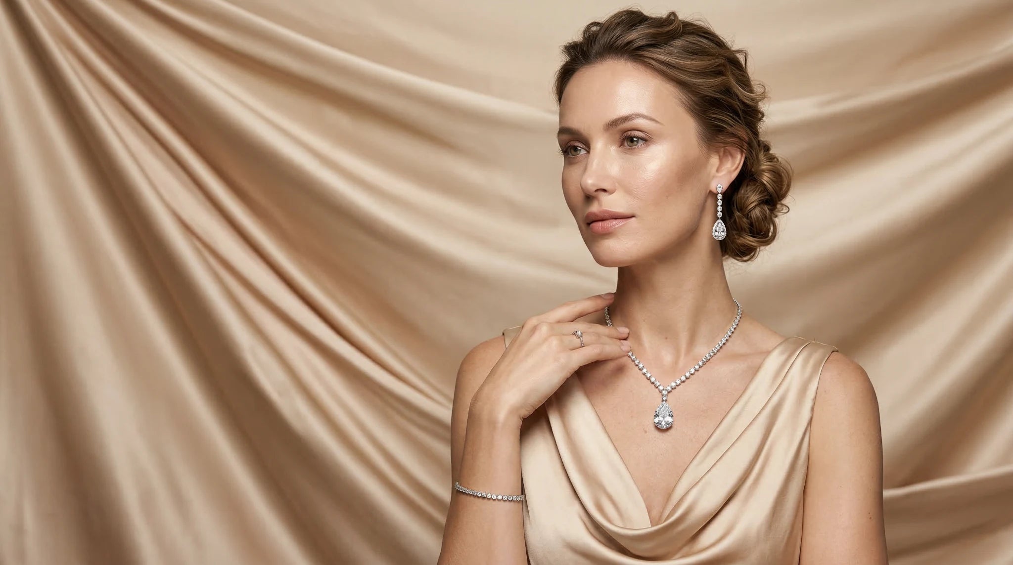 Woman wearing lab grown diamond necklace, drop earrings and tennis bracelet – Unii Jewels