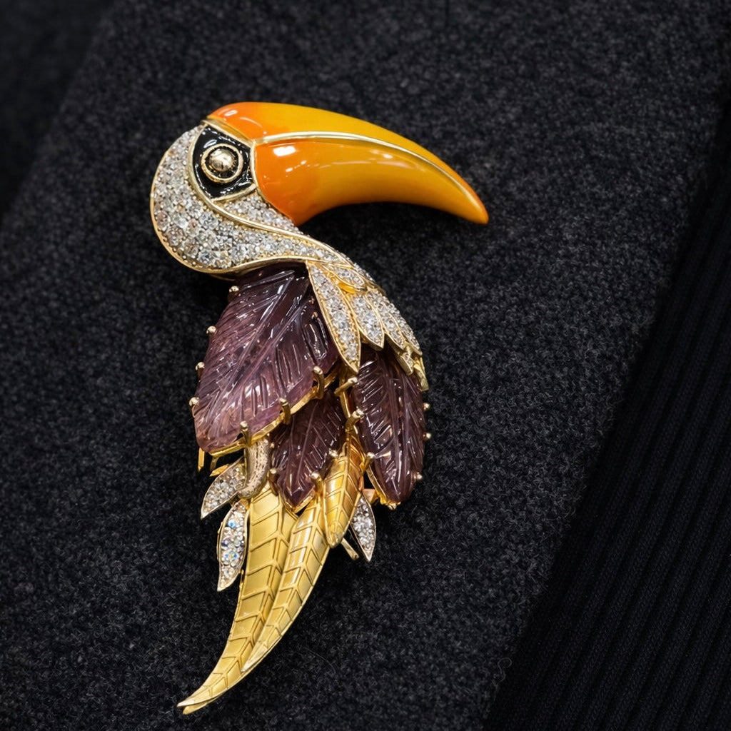 Toucan Aurelia Lab Grown Diamond Brooch | IGI Certified EF VVS-VS | 9KT Yellow Gold Luxury Statement Pin