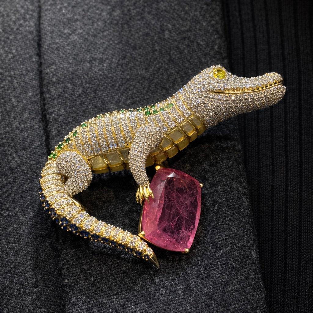 Zyra Croc Lab Grown Diamond Brooch | IGI Certified | D VS1 & EF VVS-VS | 9KT Yellow Gold Luxury Statement Pin