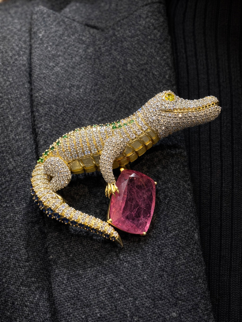 Zyra Croc Lab Grown Diamond Brooch | IGI Certified | D VS1 & EF VVS-VS | 9KT Yellow Gold Luxury Statement Pin
