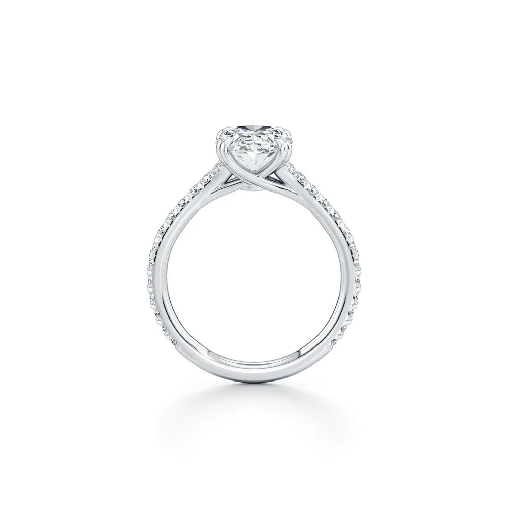 Common :: Elegant oval cut pave engagement ring with lab grown diamond side stones side angle view