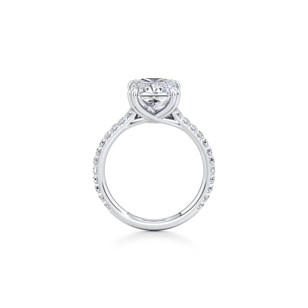 Common :: Elegant radiant cut pave engagement ring with lab grown diamond side angle view
