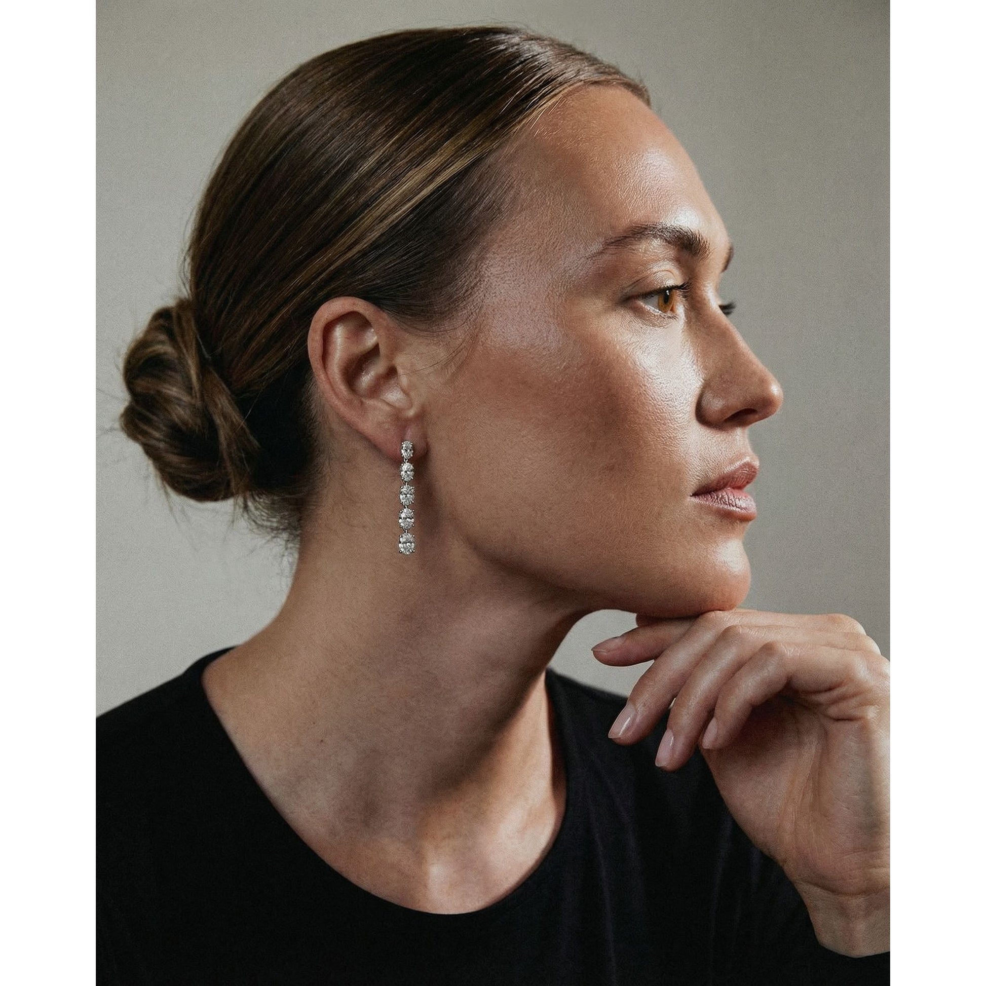 White :: elegant lab grown diamond drop earrings 1.4 carat oval row design white gold refined luxury jewelry