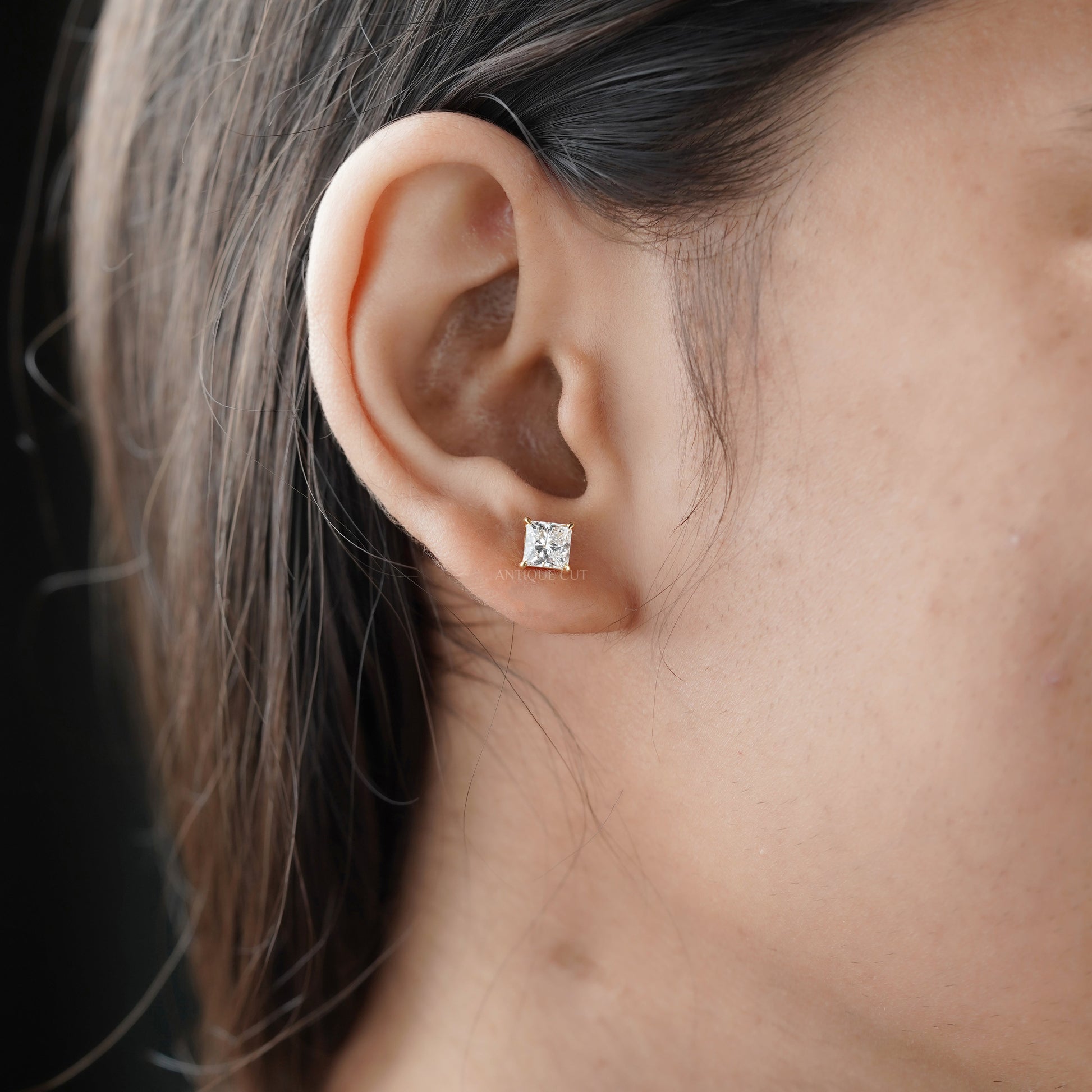 1.50tcw Princess Cut Lab Grown Diamond Stud Earrings | Yellow Gold | IGI Certified