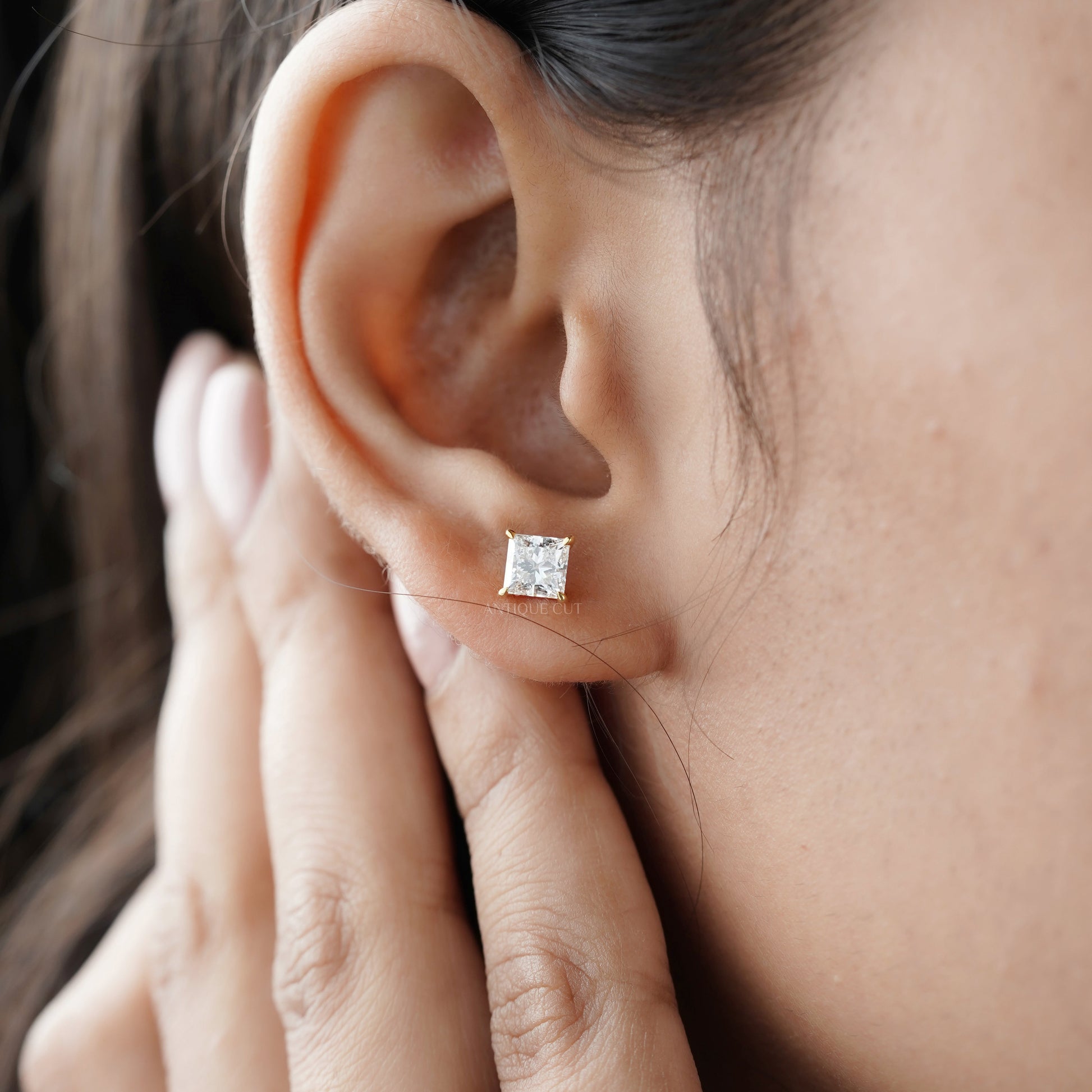 1.50tcw Princess Cut Lab Grown Diamond Stud Earrings | Yellow Gold | IGI Certified