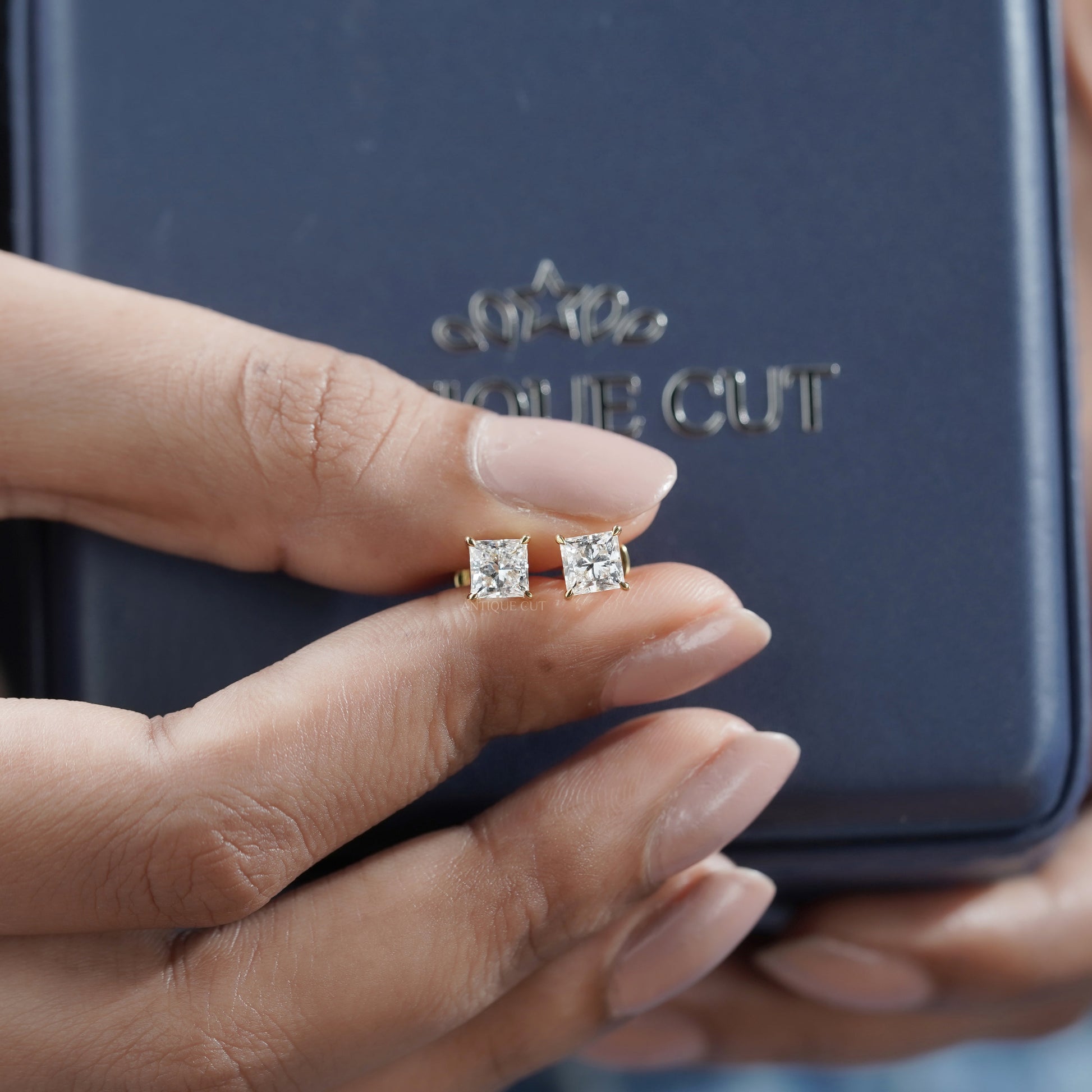 1.50tcw Princess Cut Lab Grown Diamond Stud Earrings | Yellow Gold | IGI Certified