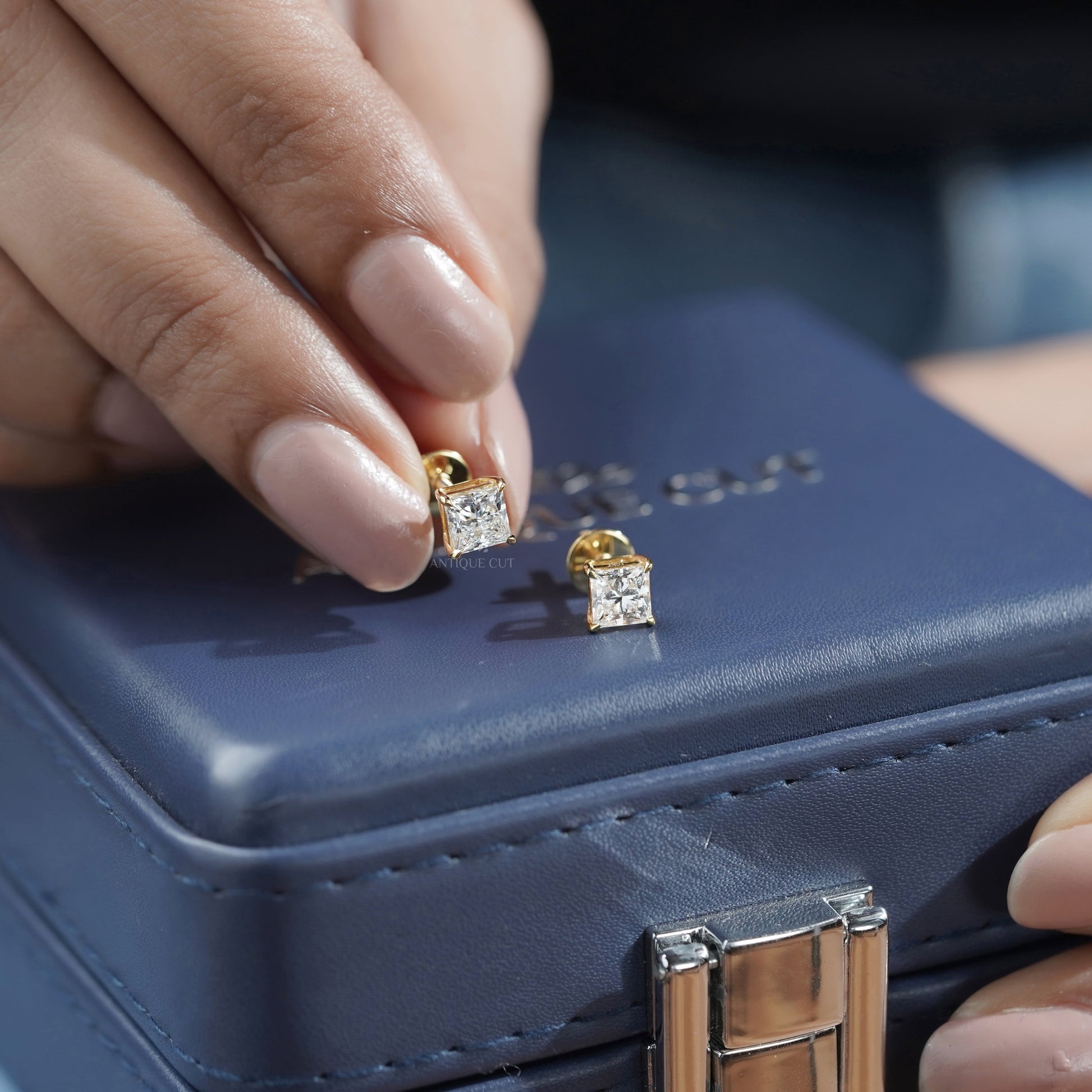 1.50tcw Princess Cut Lab Grown Diamond Stud Earrings | Yellow Gold | IGI Certified